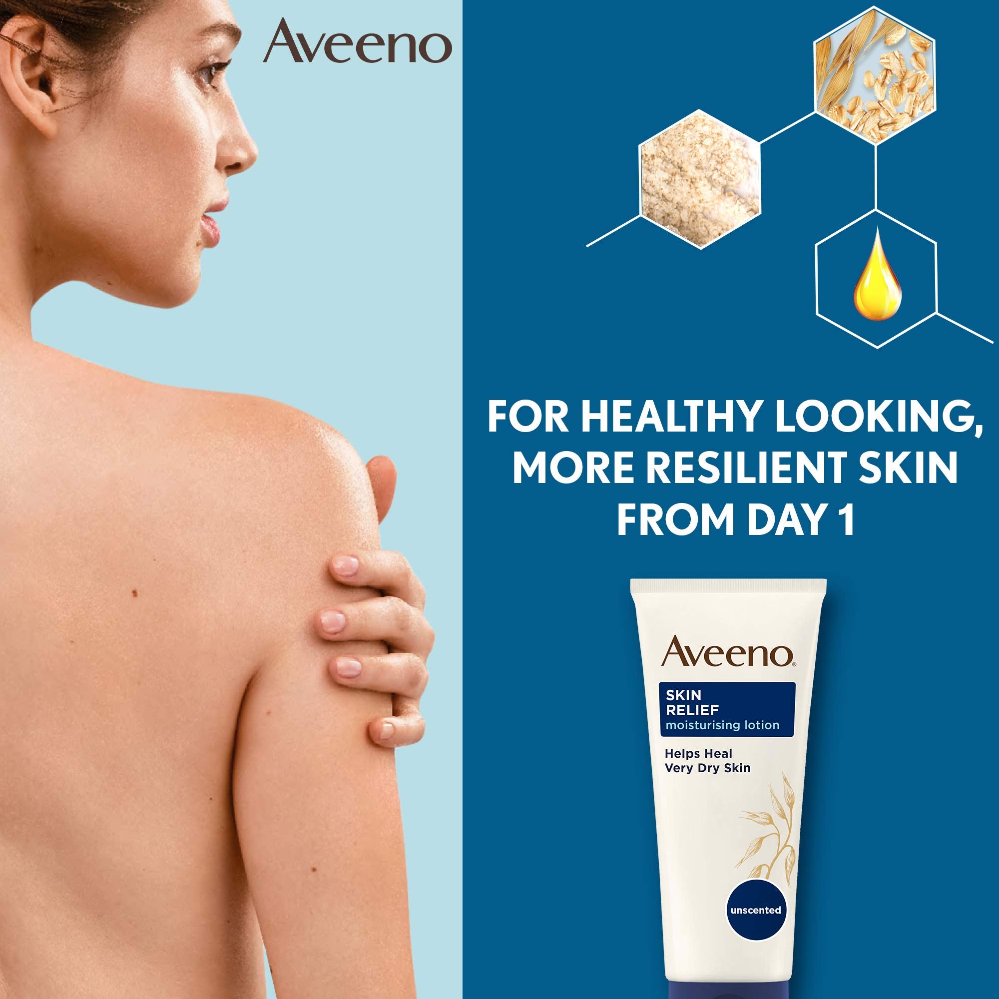 Aveeno Skin Relief Moisturising Lotion, With Soothing Triple Oat Complex & Shea Butter, Suitable For Sensitive Skin, 72-Hour Intense Hydration, Helps Relieve Very Dry and Tight Skin, Unscented, 500ml