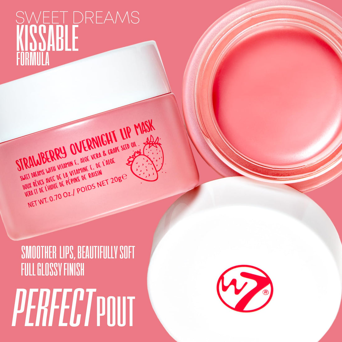 W7 Super Sweet Dreams Overnight Strawberry Lip Mask - Vitamin E, Aloe Vera and Grape Seed Oil - For Hydrated, Full Looking & Irresistible Lips - 20ml Halalzen