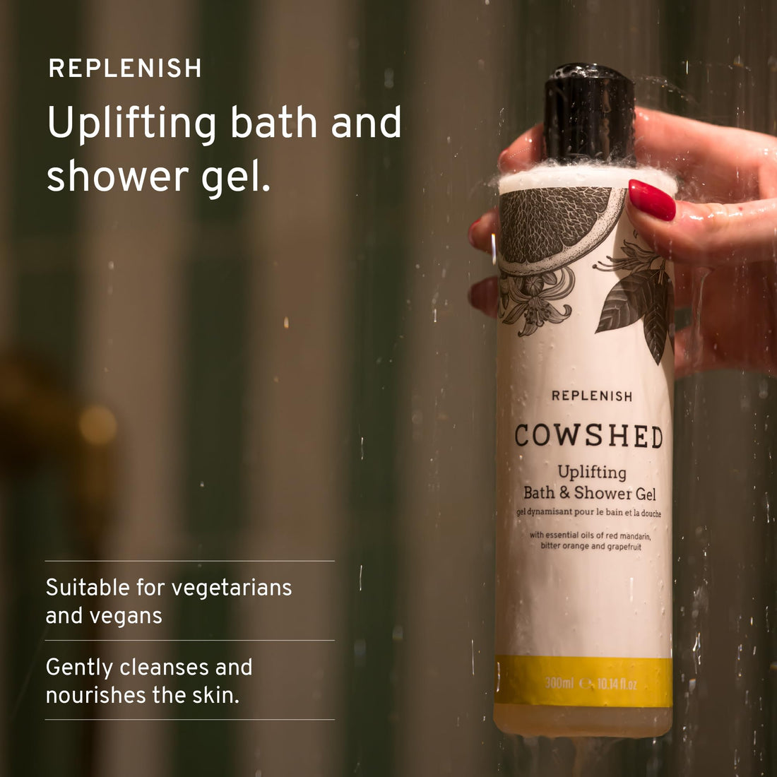 Cowshed Bath & Shower Gel 300ml | Replenish Uplifting Body Wash for Women & Men | Natural Body Wash, No Parabens | Hydrating Vegan Shower Gel with Red Mandarin, Bitter Orange and Grapefruit