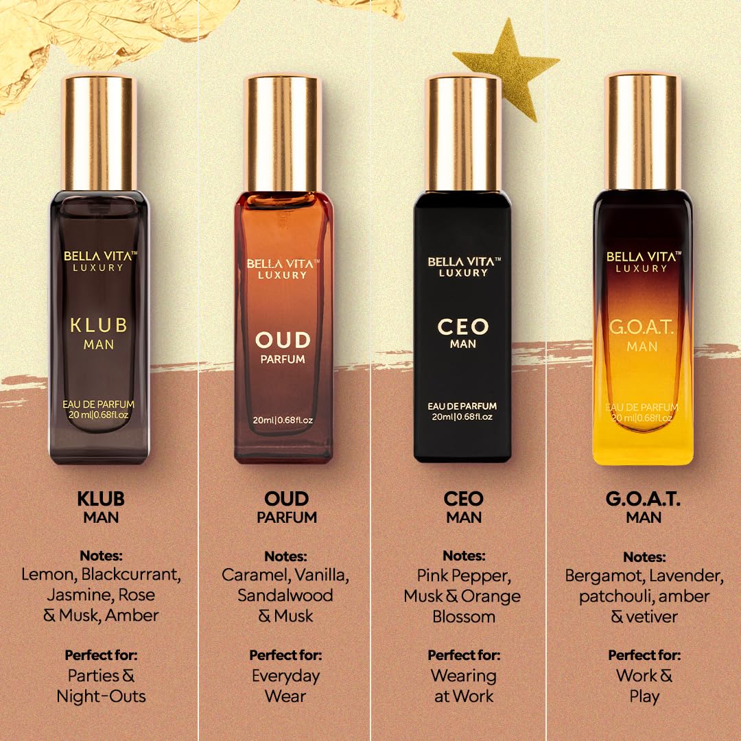 Coffret Cadeau de Parfums de Luxe pour Homme Bellavita avec CEO Man, G.O.A.T., Klub et Oud | 80 ml | Parfum pour Homme | Notes de Lavande, Patchouli, Citron et Caramel | Parfum Homme Longue Durée