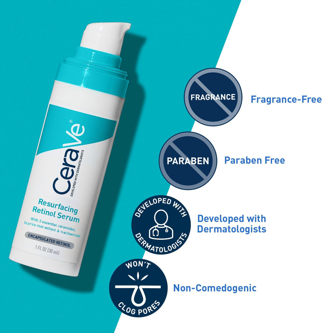 CeraVe Resurfacing Retinol Serum For Post Acne Marks, Formulated With Licorice Root Extract & Niacinamide, Brightening Serum & Pore Minimizer For Face, Post Acne Skin Barrier Repair, Non-Comedogenic Halalzen