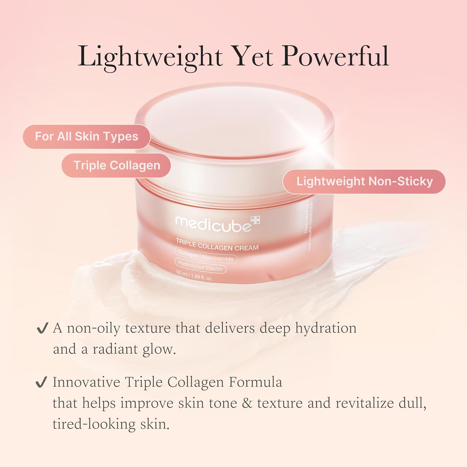medicube Triple Collagen Cream Hydrating & Firming Moisturiser With Hyaluronic Acid, Premium Elastin, Shea Butter Wrinkle Care 1.69 Oz Triple Collagen Cream
