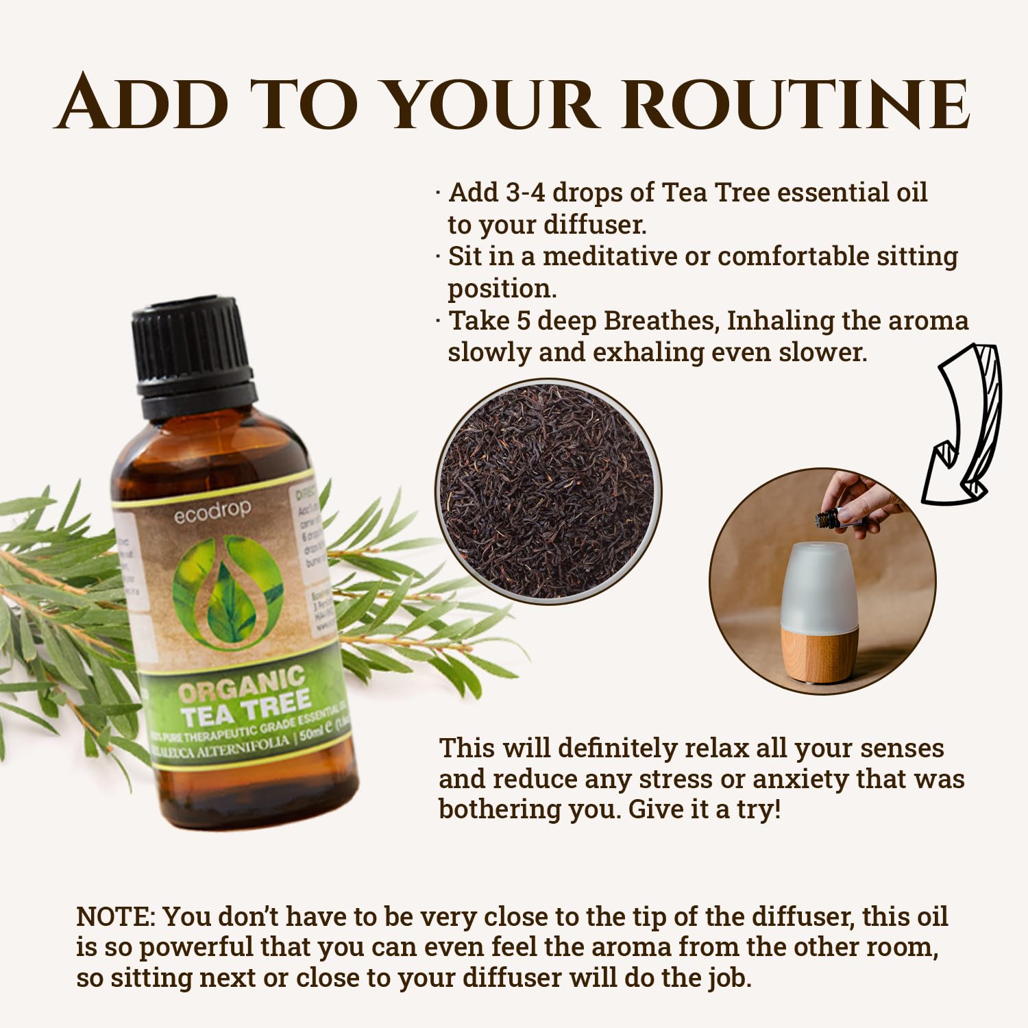 Ecodrop Tea Tree Essential Oil, 10 ml | 100% Pure Organic Steam-Distilled | Melaleuca Alternifolia | Aromatherapy, Diffuser, Massage, Bath, Soap & Candle Making | Australian Fresh Aroma