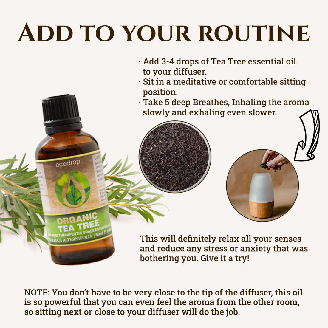 Ecodrop Tea Tree Essential Oil, 10 ml | 100% Pure Organic Steam-Distilled | Melaleuca Alternifolia | Aromatherapy, Diffuser, Massage, Bath, Soap & Candle Making | Australian Fresh Aroma