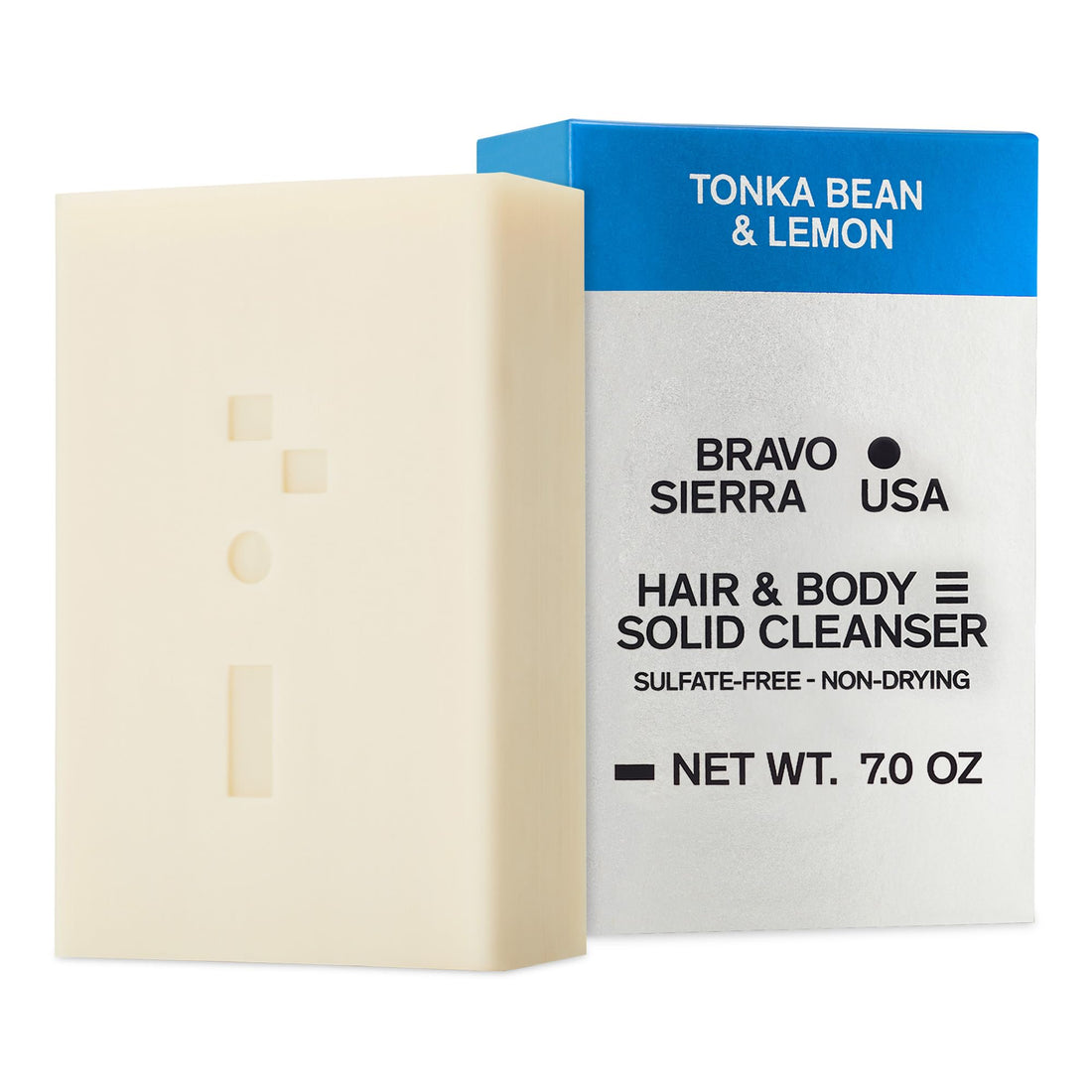Bravo Sierra Pain de Savon Corps et Cheveux Tout-en-Un - Fève Tonka & Citron, 200 g - Noix de Coco, Beurre de Karité et Farine d'Avoine pour une Peau Douce et des Cheveux Sains