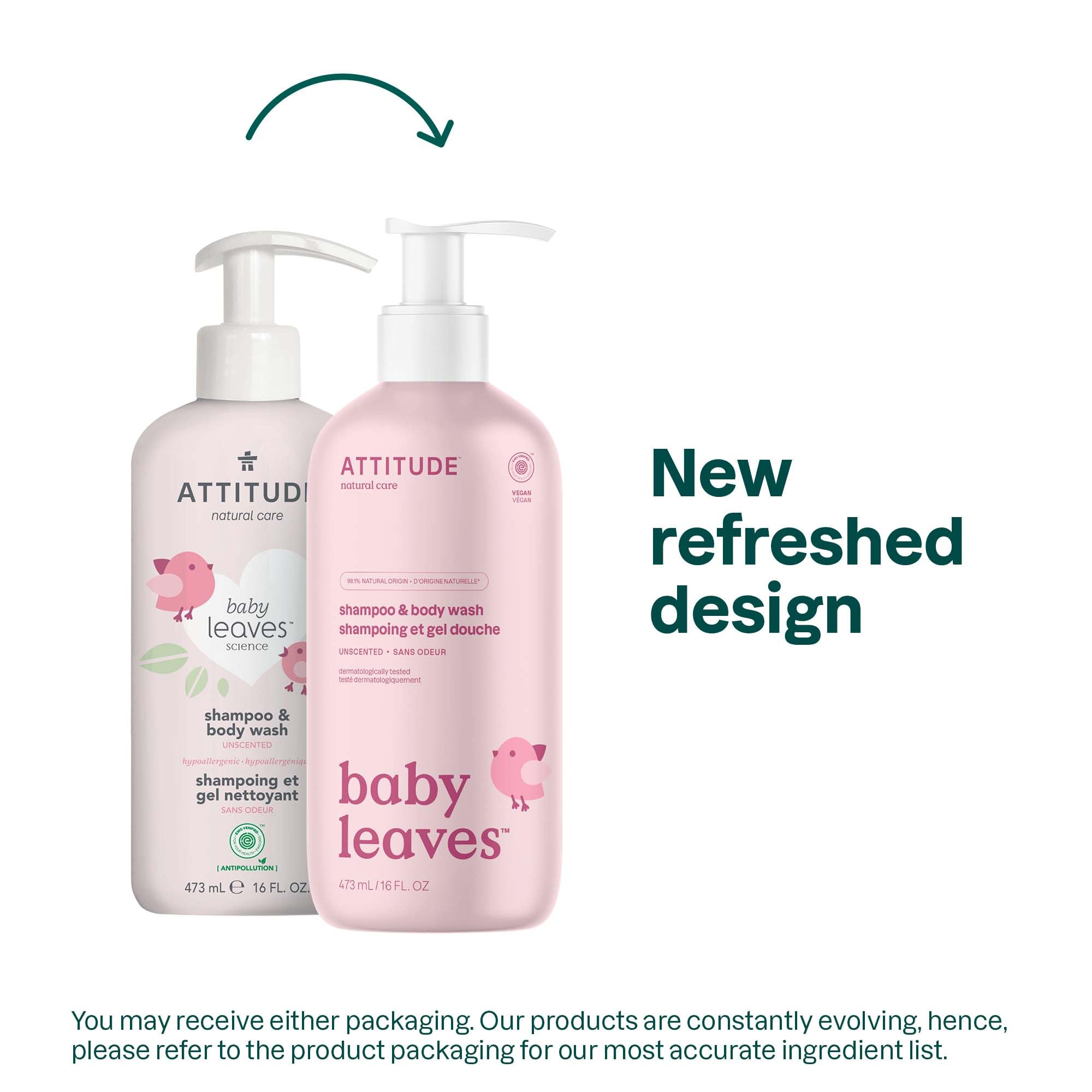 ATTITUDE 2in1 Hair Shampoo and Body Wash for Baby, Plant and Mineral-Based Gentle Formula, EWG Verified, Vegan Baby Products, Pear Nectar, 473 mL