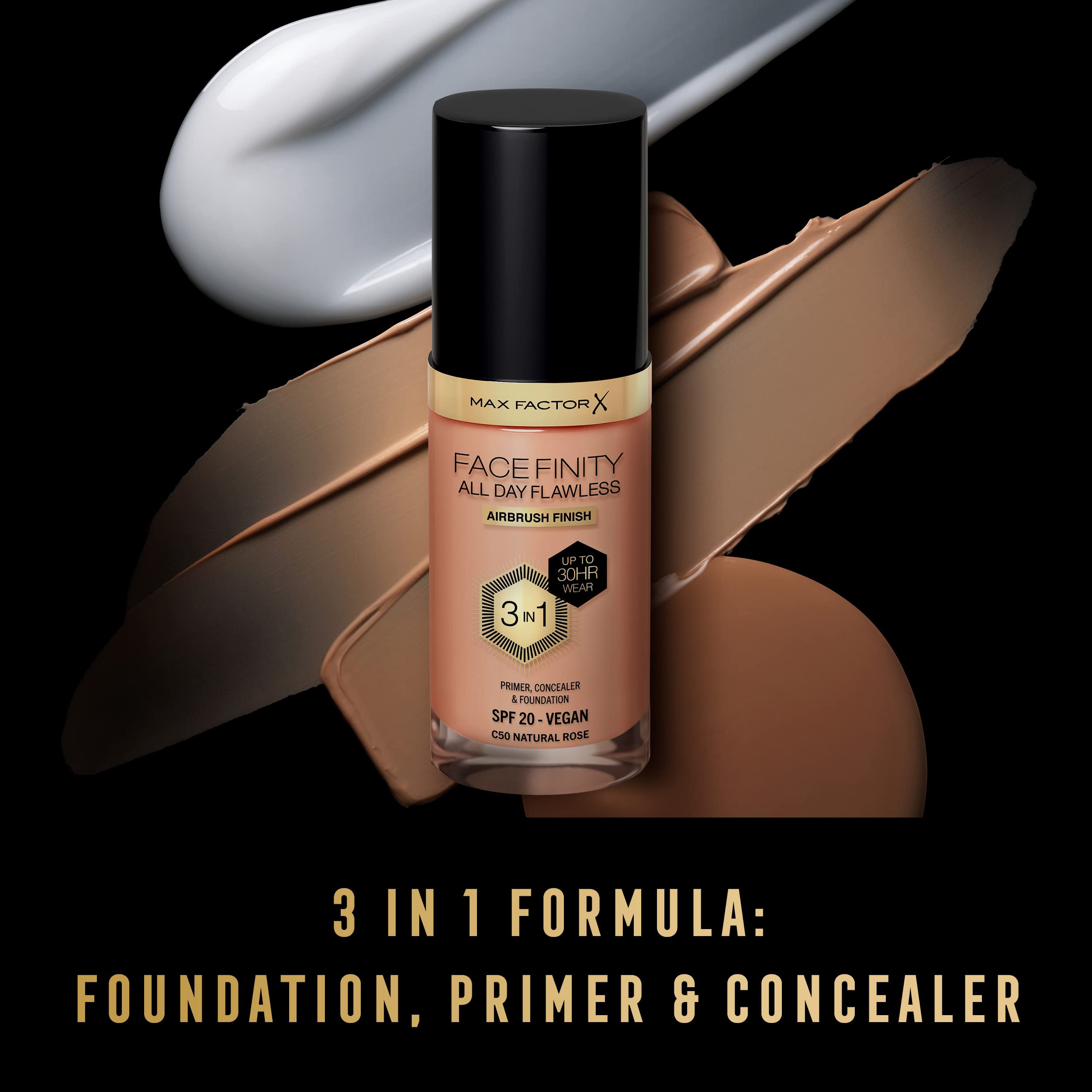 MAX FACTOR - Facefinity All Day Flawless Foundation - 3-in-1 Concealer, Liquid Foundation & Face Primer - Up To 30hr Wear - Flawless Airbrush Finish, SPF 20, Vegan - C50 Natural Rose - 30ml Halalzen