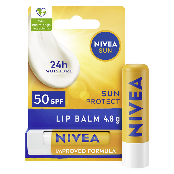 NIVEA SUN Protect Caring Lip Balm SPF50 (4.8g), Factor 50 Balm with Shea Butter, Protection Against UVA/UVB Rays with 24H Moisture, Lip Care, No White Cast
