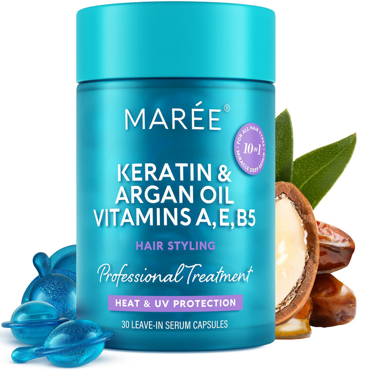 MAREE Hair Serum for Frizzy Dry Hair – Styling Capsules with Keratin, Argan Oil, Vitamins A E B5 – UV & Heat Protectant Frizz Control Serum for Women – Aceite Para el Cabello Treatment | for Frizzy, Styling Capsules, with Jojoba, for Women, Frizzy, Damage Halalzen