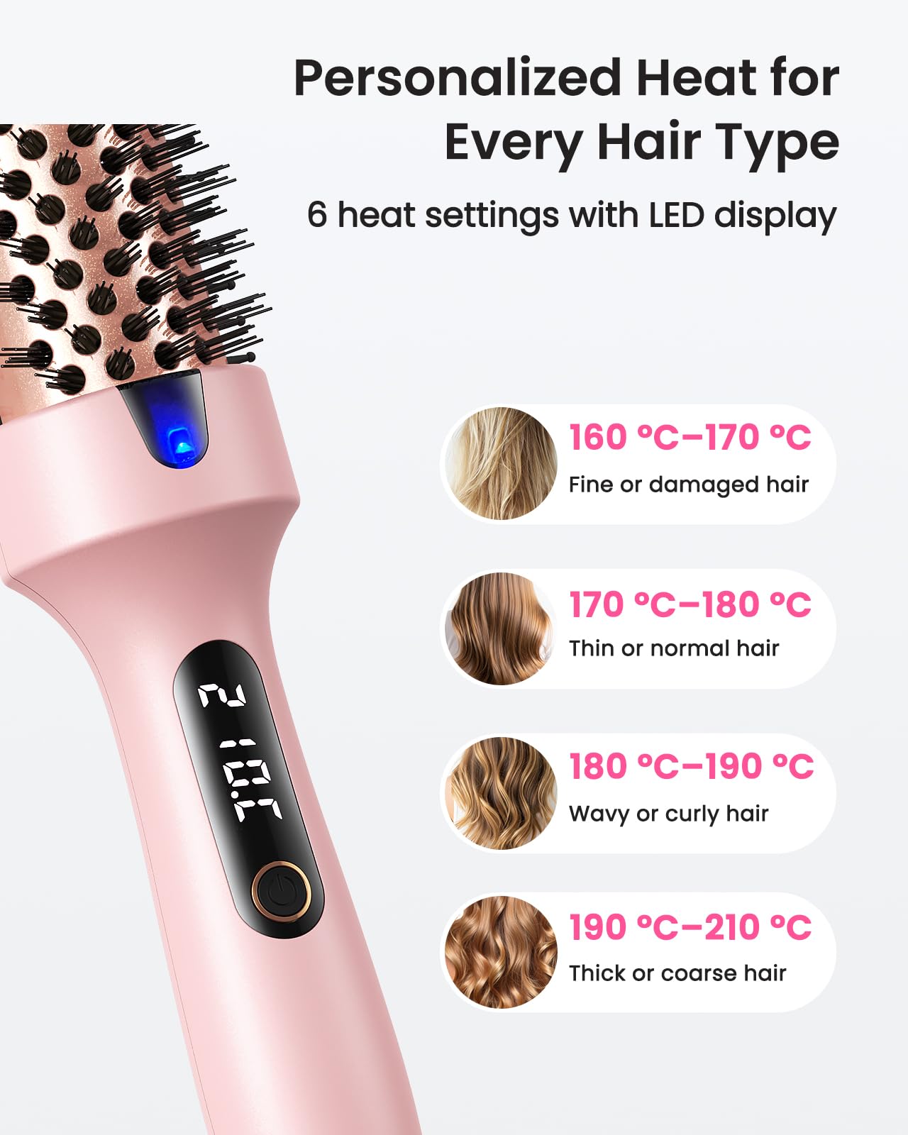 Haokoo Thermal Brush for Blowout Volume & Smooth Hair - 38mm Hot Brush, Ionic Anti-Frizz Heated Brush, 6 Heat Settings, Dual Voltage, Lightweight 250g, Pink Halalzen