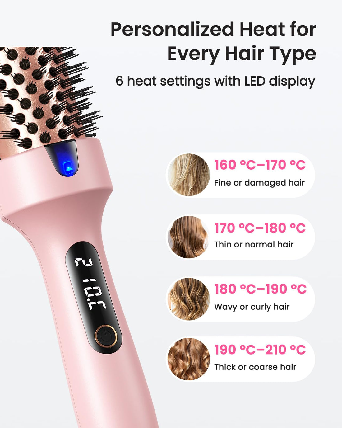 Haokoo Thermal Brush for Blowout Volume & Smooth Hair - 38mm Hot Brush, Ionic Anti-Frizz Heated Brush, 6 Heat Settings, Dual Voltage, Lightweight 250g, Pink Halalzen