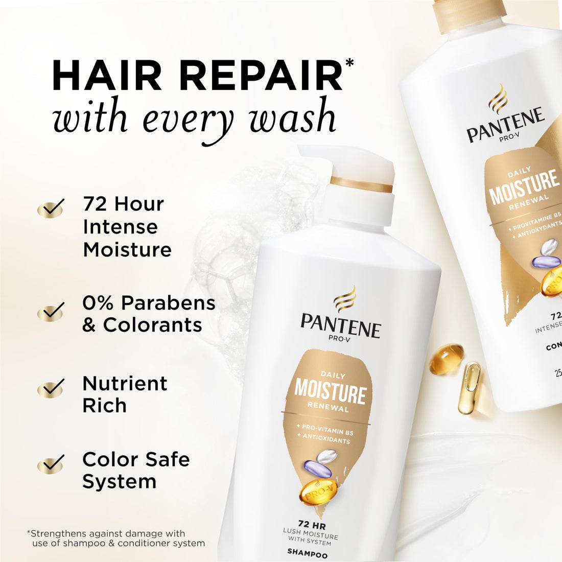 Pantene Shampoo & Conditioner Set, Daily Moisture Renewal - Pro-V Nutrients for Dry, Color-Treated, Straight to Curly Hair, 72-Hour Hydration & Softness, 52.8 Oz Total + Miracle Rescue Shot (0.5 Oz) Halalzen