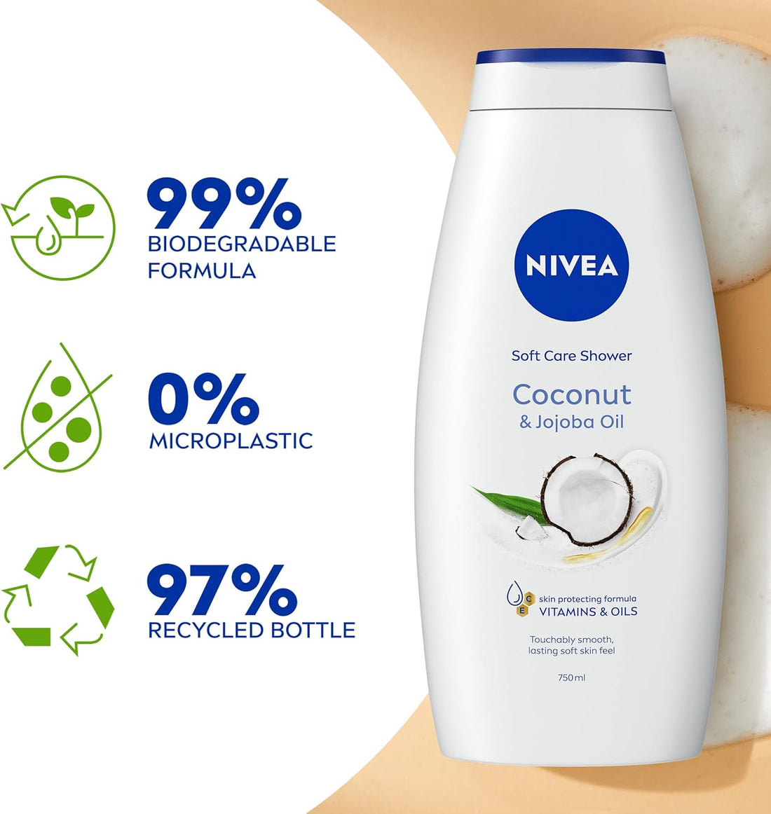 NIVEA Coconut & Jojoba Oil Shower Cream (750ml), Moisturising Body Wash with Coconut and Jojoba Oil, Luxurious Shower Gel for Women, for Soft and Supple Skin