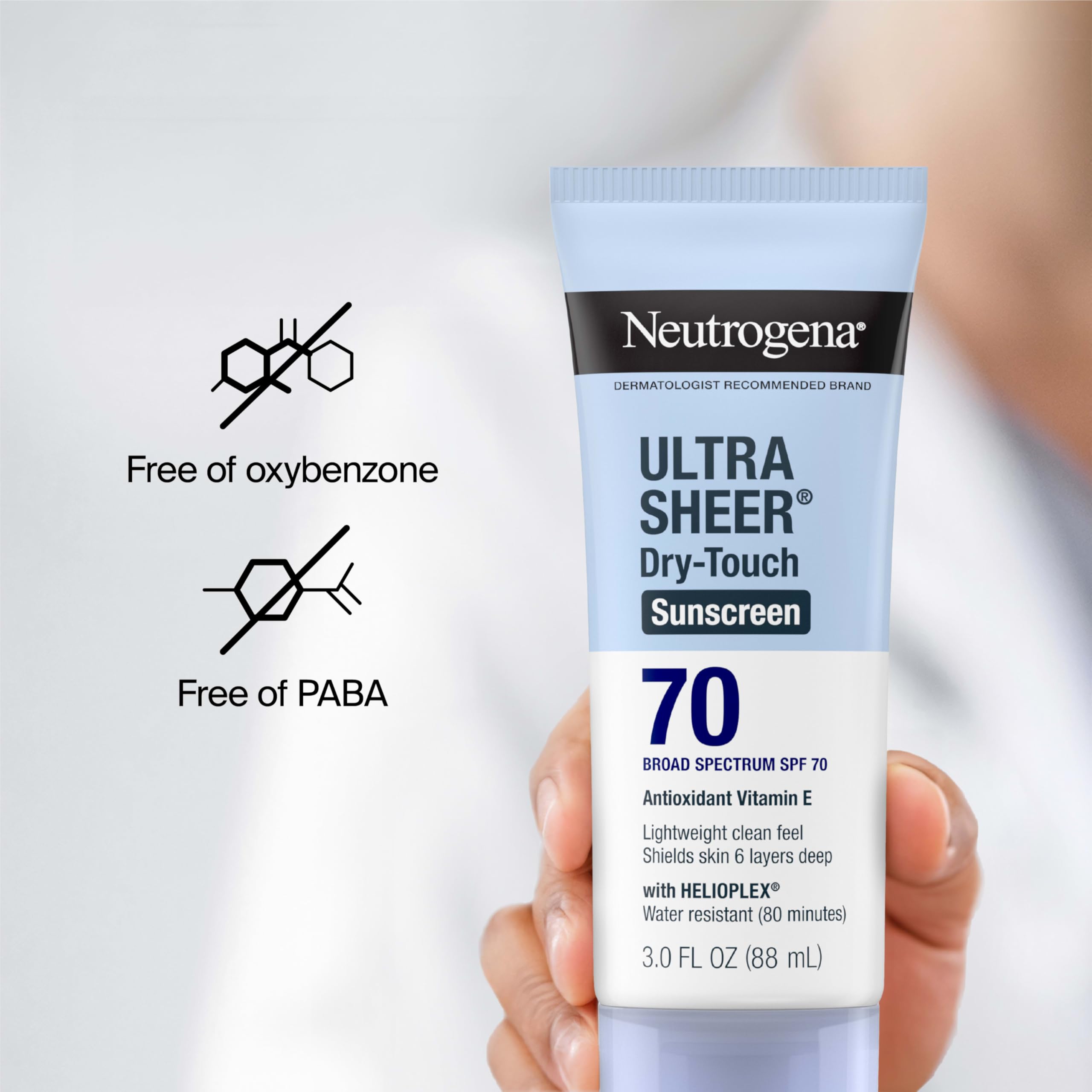 Neutrogena Ultra Sheer Dry-Touch Sunscreen Lotion SPF 70, Broad Spectrum, Water Resistant 80 Min, Oil-Free, Oxybenzone-Free, Non-Comedogenic, Matte Finish, Body Sunscreen, Travel Size 3 Fl Oz Halalzen