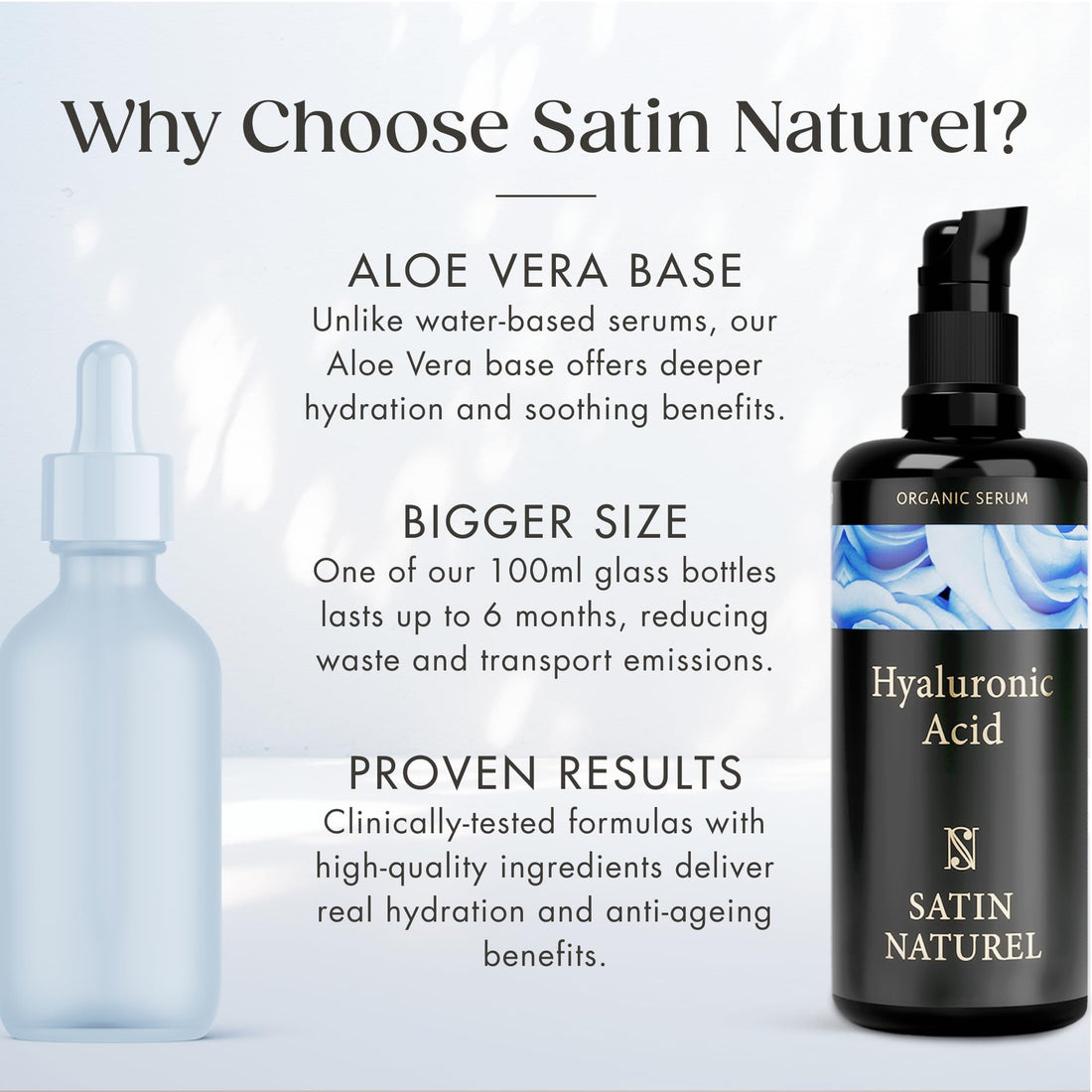Satin Naturel High-Dose Hyaluronic Serum 100 ml – Organic Hyaluronic Acid Facial Serum – Anti-Aging Moisturizing Serum – Vegan – 24h Hydration – Facial Care for Women and Men