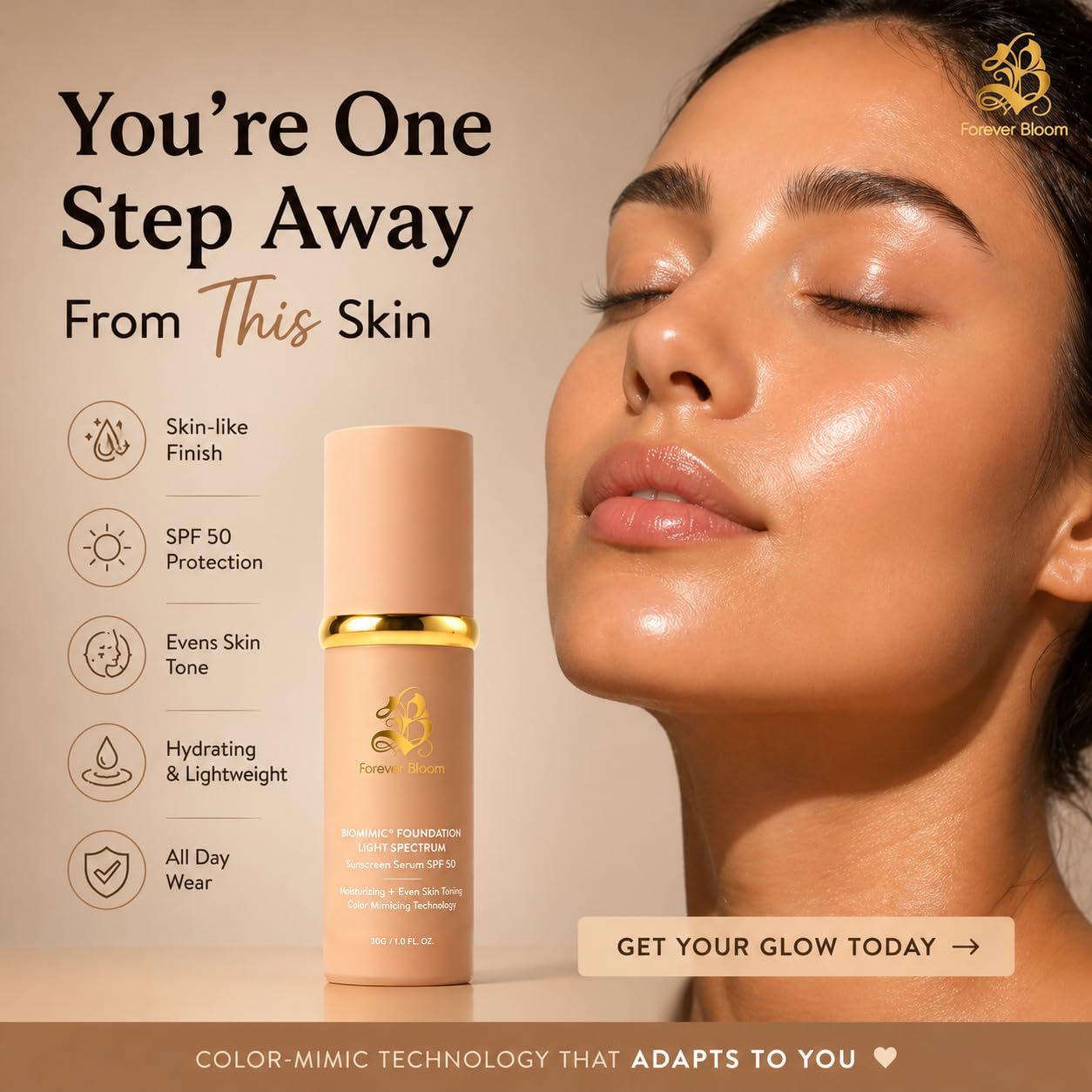 Bio Mimic Foundation Medium Spectrum by Forever Bloom; Protecting from Sun with SPF50; Foundation for Gym, Sports, Dancing Makeup for Mature & Sensitive Skin, Natural Finish Made in USA