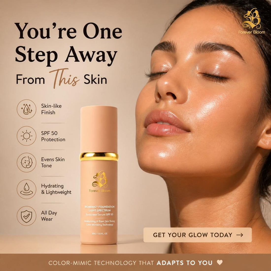 Bio Mimic Foundation Medium Spectrum by Forever Bloom; Protecting from Sun with SPF50; Foundation for Gym, Sports, Dancing Makeup for Mature & Sensitive Skin, Natural Finish Made in USA