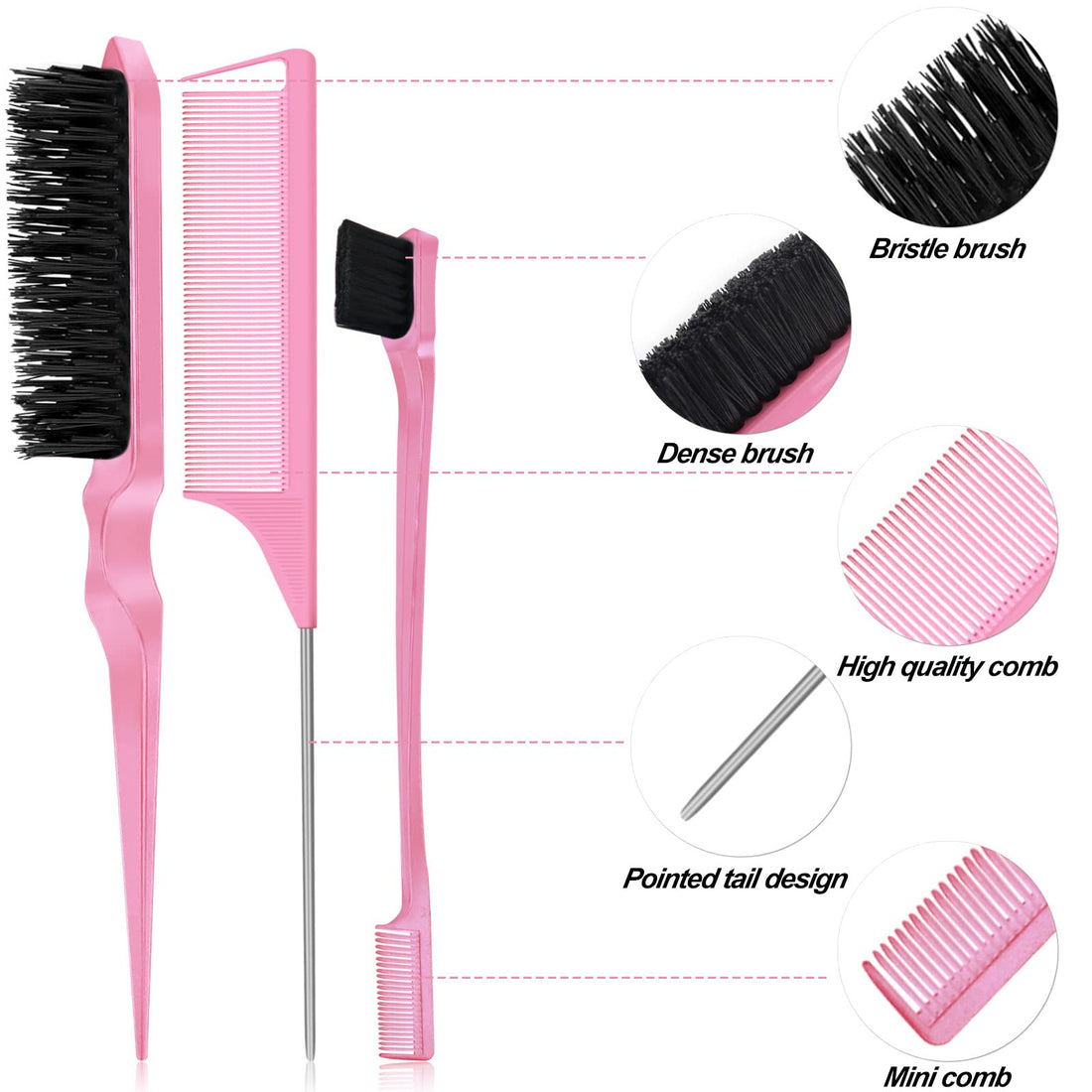 Qufiiry 3-Piece Hair Slick-Back Brush Set - Teasing & Edges Brush for Women's Salon Styling - Pink Halalzen