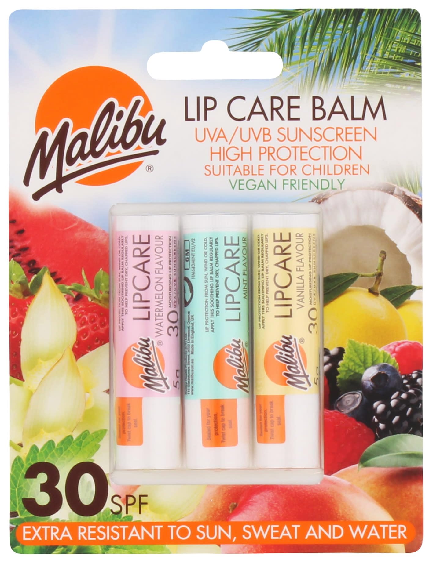 Malibu Sun SPF 30 Lip Balm Sunscreen, Watermelon, Mint and Vanilla, 3 x 5g, Halalzen