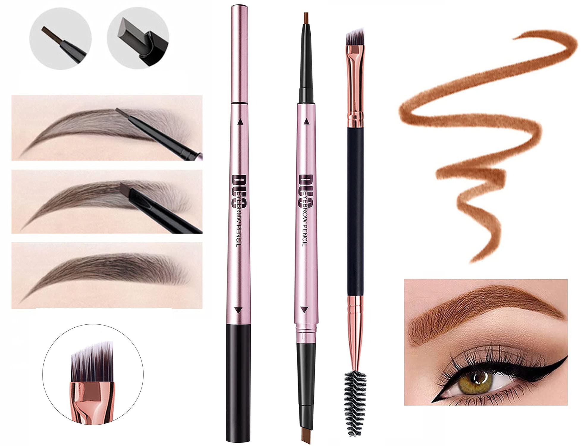 Mihqy 2 PCS Eyebrow Pencil Waterproof with Brow Brush, Dual Ended Eyebrow Pen, Automatic Makeup Cosmetic Tool(Dark Brown)