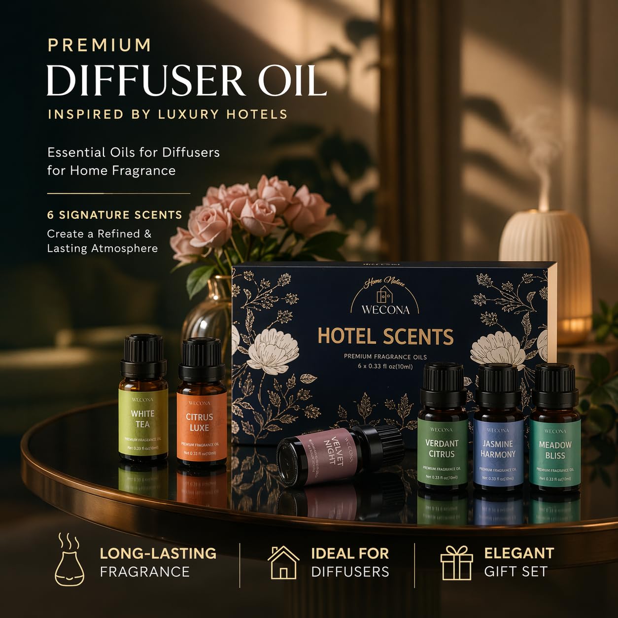 Premium Hotel Fragrance Oil Collection for Diffusers, Essential Oils for Diffusers for Home, Hotel Diffuser Fragrance Oils,Spa & Candle Making, White Tea, Citrus Luxe, Velvet Night and More - 6x10ml