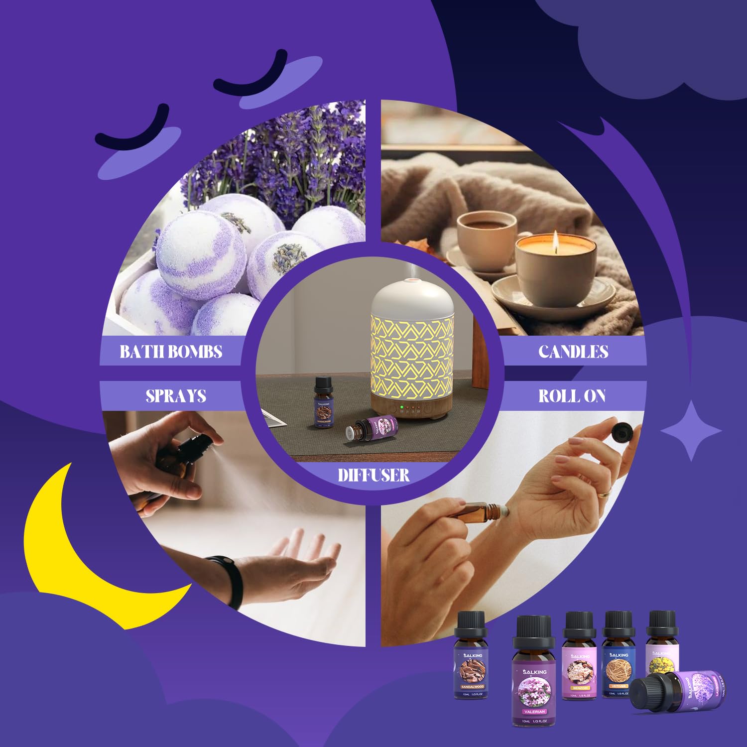 SALKING Essential Oils Set, 100% Pure Fragrance Oil AromatherapyGift, Premium Scented Oils for Diffusers 6 x 10 ML - Lavender, Rose, Jasmine, Cherry Blossom, Gardenia, Chamomile, Pink