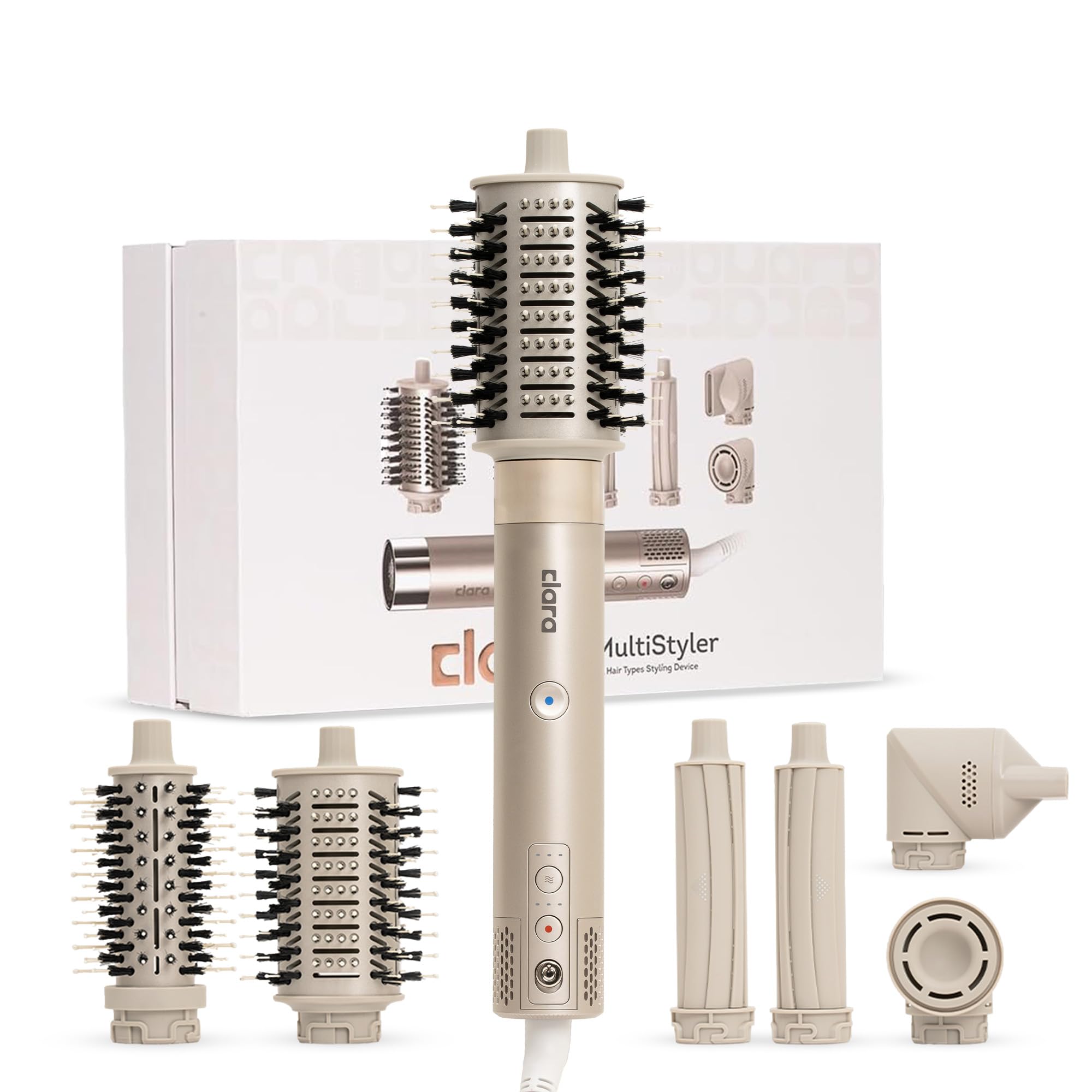 Clara 6-in-1 Gold Multi Styler with Auto-Wrap Curlers, Hair Dryer, & Brush (Round & Oval) for All Hair Types – 1500W Ionic Styling Tool for Frizz-Free Waves & Salon Blowouts Halalzen
