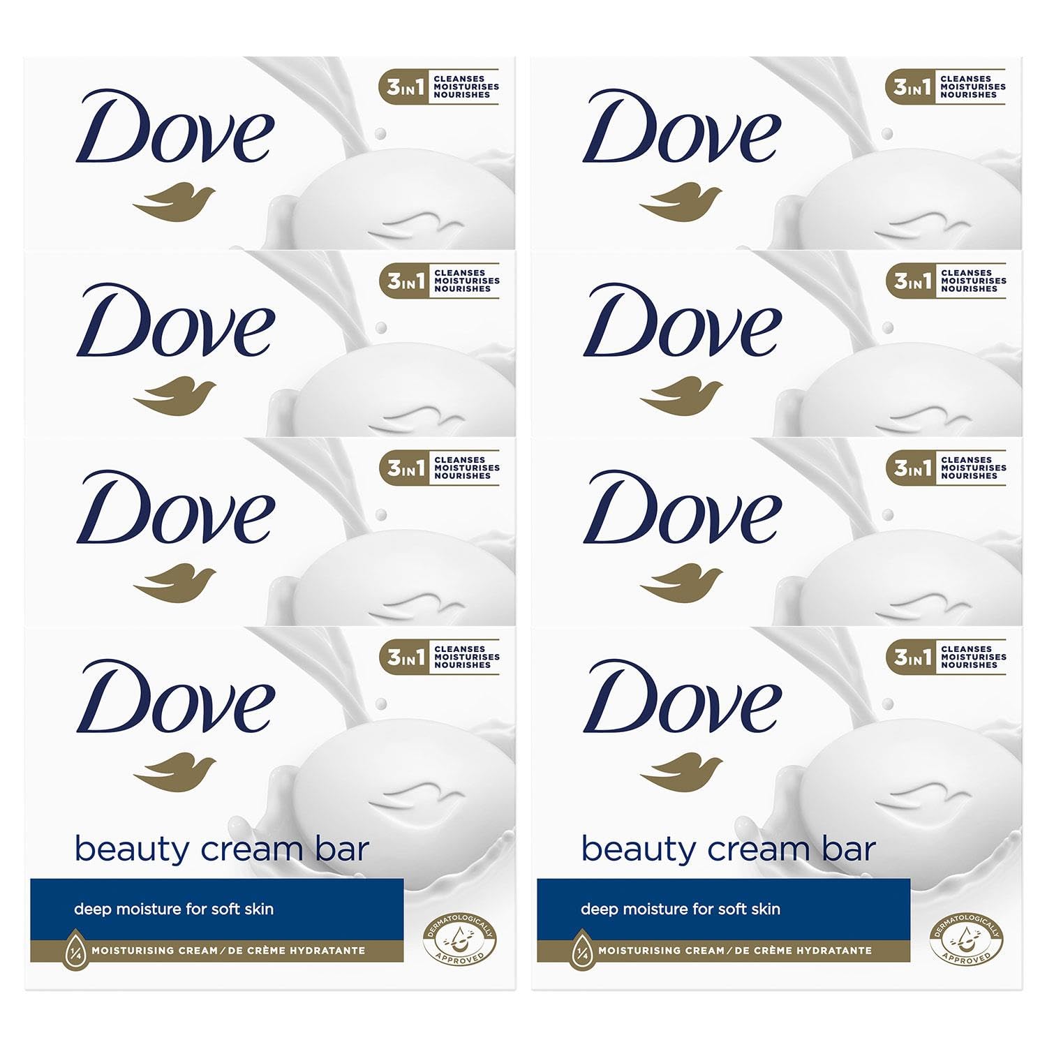 Dove Orginal Beauty Cream Bar 3 in 1 Cleanses, Moisturises and Nourishes Sulphate-Free Bath Soap for Soft and Smooth Skin, Suitable for Daily Use, 8x90g Halalzen