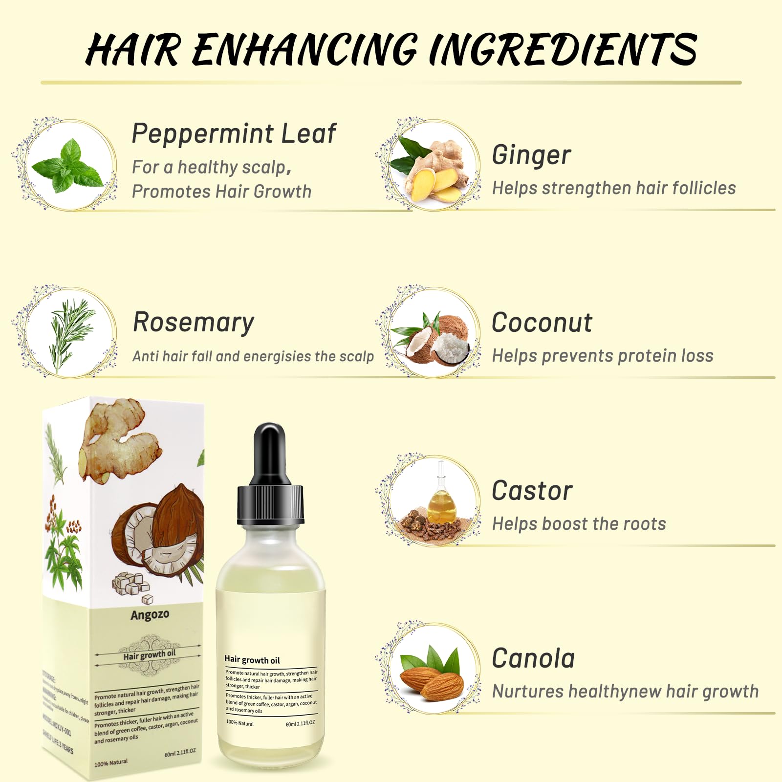 Veganic Hair Oil,100% Natural Growth With Caffeine,Biotin,Coconut,Macadamia,Rosemary and Castor for Growth,Thickening Hair Mask & Loss Treatment,60ml