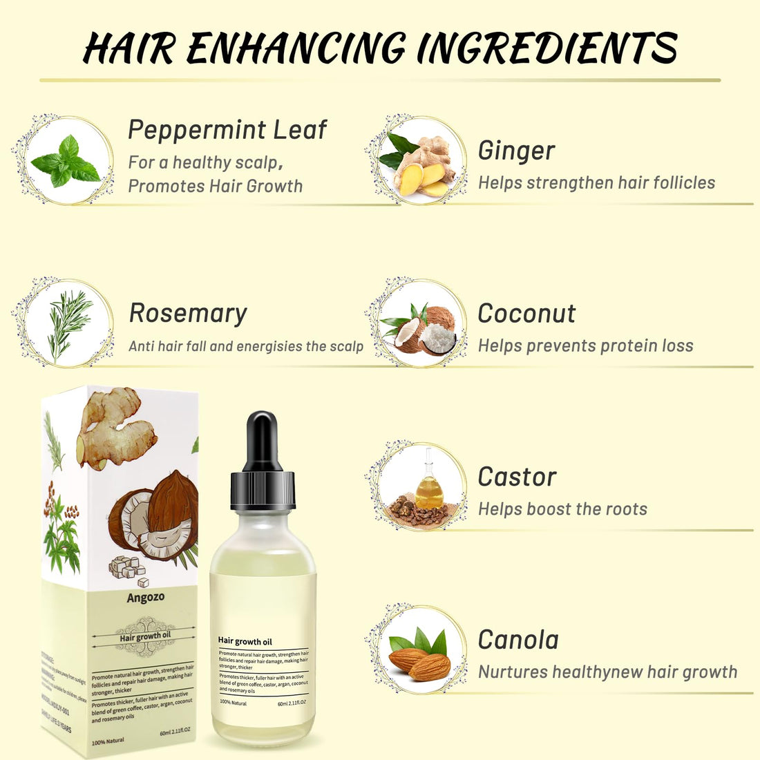 Veganic Hair Oil,100% Natural Growth With Caffeine,Biotin,Coconut,Macadamia,Rosemary and Castor for Growth,Thickening Hair Mask & Loss Treatment,60ml