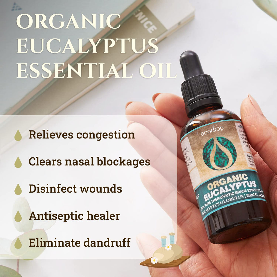Ecodrop Tea Tree Essential Oil, 10 ml | 100% Pure Organic Steam-Distilled | Melaleuca Alternifolia | Aromatherapy, Diffuser, Massage, Bath, Soap & Candle Making | Australian Fresh Aroma