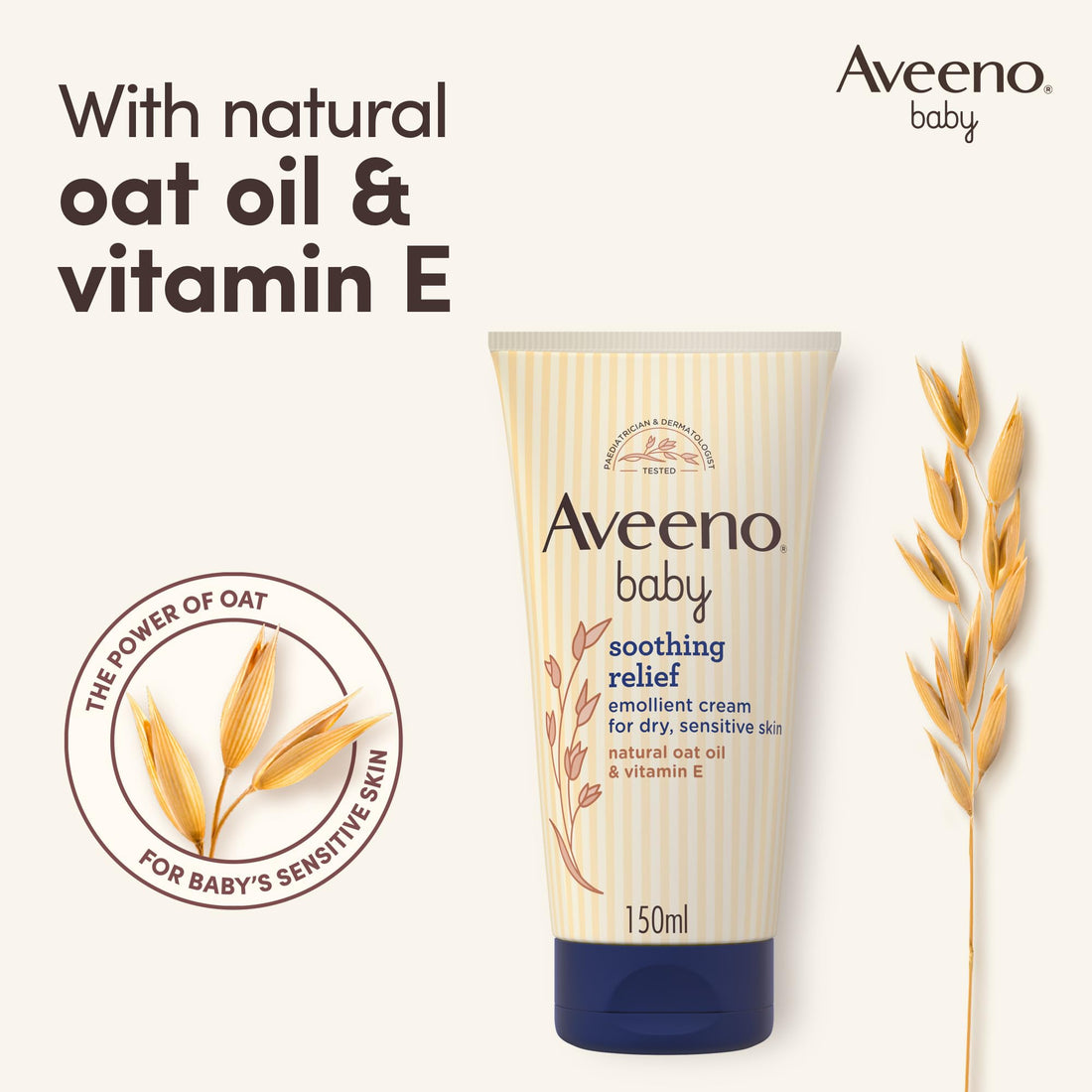 Aveeno Baby Soothing Relief Emollient Cream (1x 150ml), Unscented Baby Cream with Natural Oil & Vitamin E, Soothes and Moisturises for 24 Hours, for Dry, Sensitive Skin Prone to Irritation