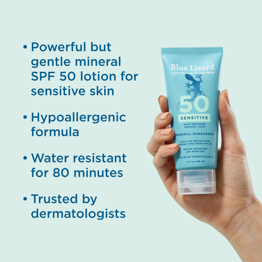 Blue Lizard Sensitive Mineral SPF 50 Sunscreen Lotion, 100% Mineral Sunscreen, UVA/UVB Protection, Infused with organic Aloe Vera, Soothes and Hydrates, 5 fl oz Halalzen