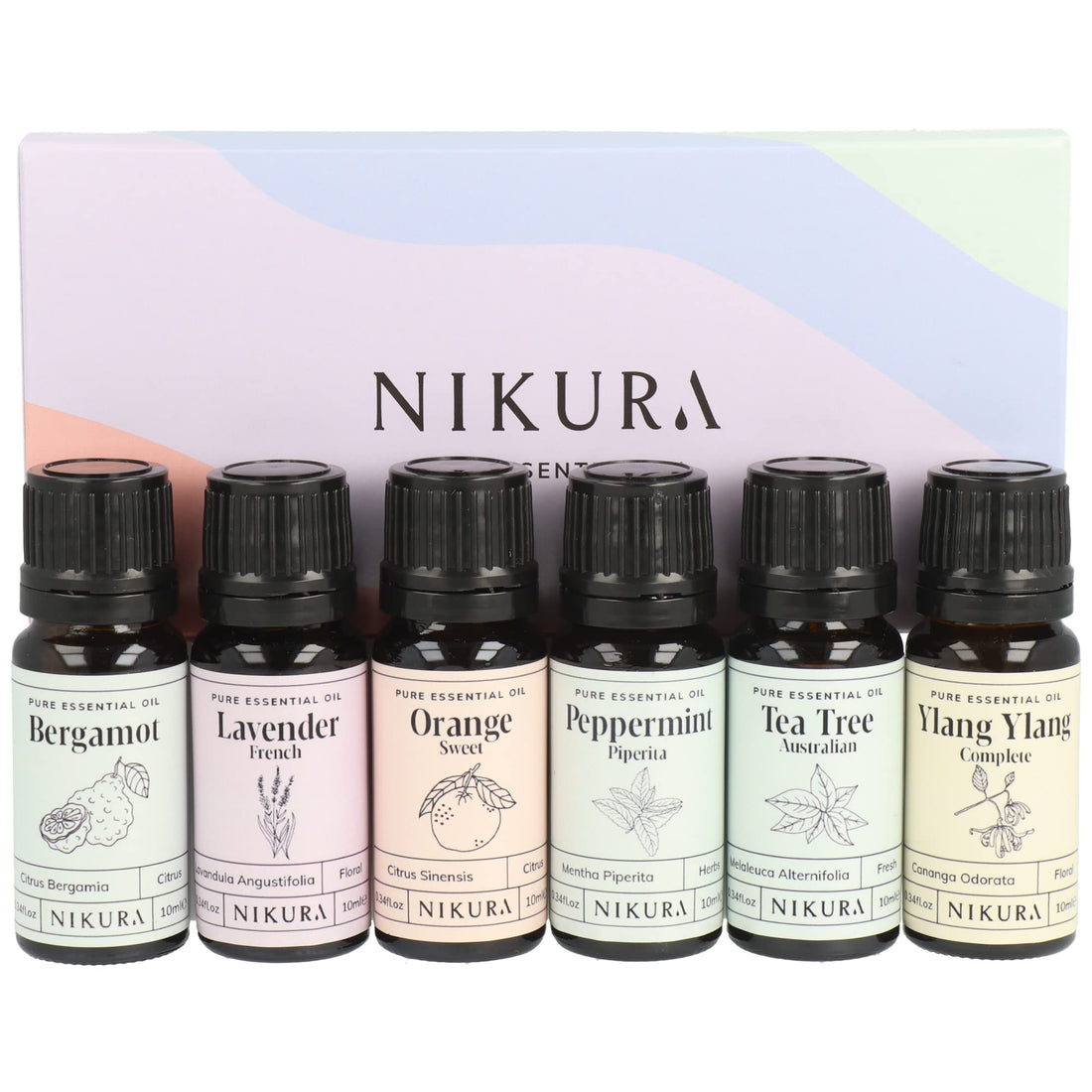 Nikura Starter Kit Essential Oil Gift Set - 6 x 10ml | Essential Oil for Diffuser for Home, Aromatherapy, Strong Fragrance, Sleep | Eucalyptus, Lavender, Lemongrass, Sweet Orange, Peppermint, Tea Tree