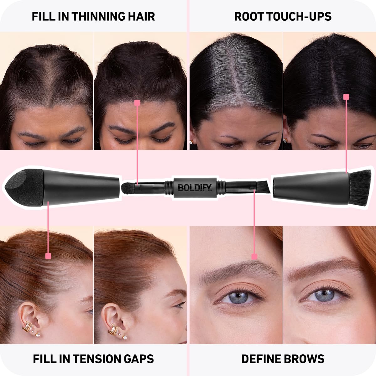 BOLDIFY Four Ended Hairline Powder Brush - Precision Hair Makeup Brush Set with Sponge Tip for Seamless Blending - Ideal as a Hair Concealer/Contour, Root Touch Up Halalzen
