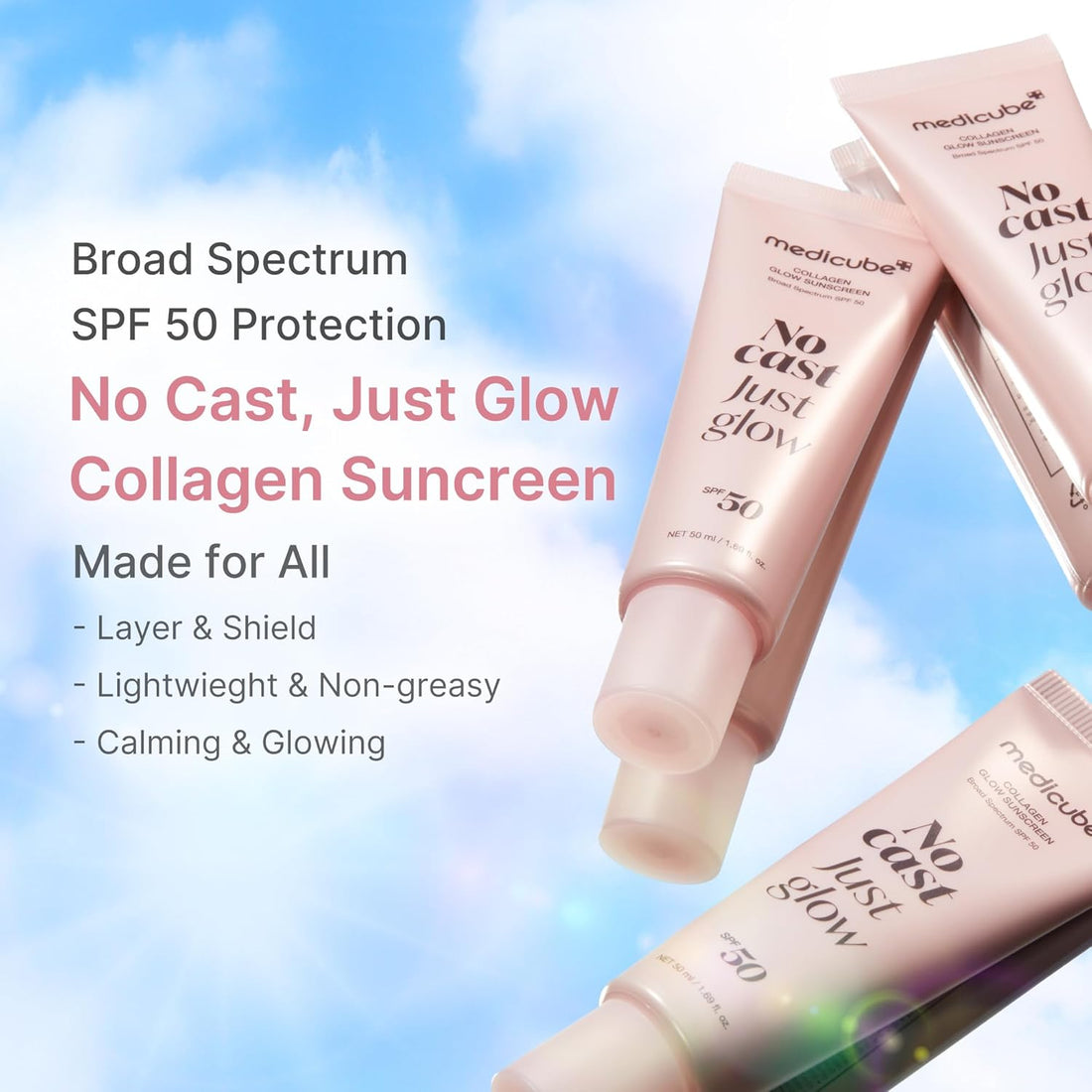 medicube No Cast Just Glow Collagen Sunscreen | SPF 50 Broad Spectrum Face Sunscreen | Lightweight, Non-Sticky, Hydrating Formula | Peptide, Cica for Soothing & Glow | Korean Skincare Halalzen