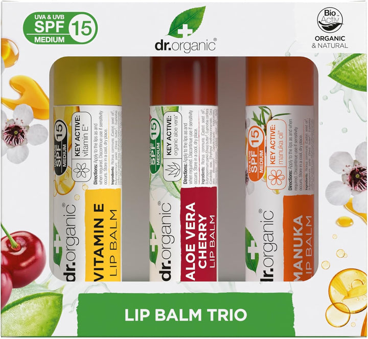 Dr Organic - Assorted Lip Balm Trio - SPF 15 Protection - Vitamin E, Aloe Vera Cherry & Manuka - Vegetarian, Cruelty, Paraben & SLS Free - 5.7ml - 3 Pack
