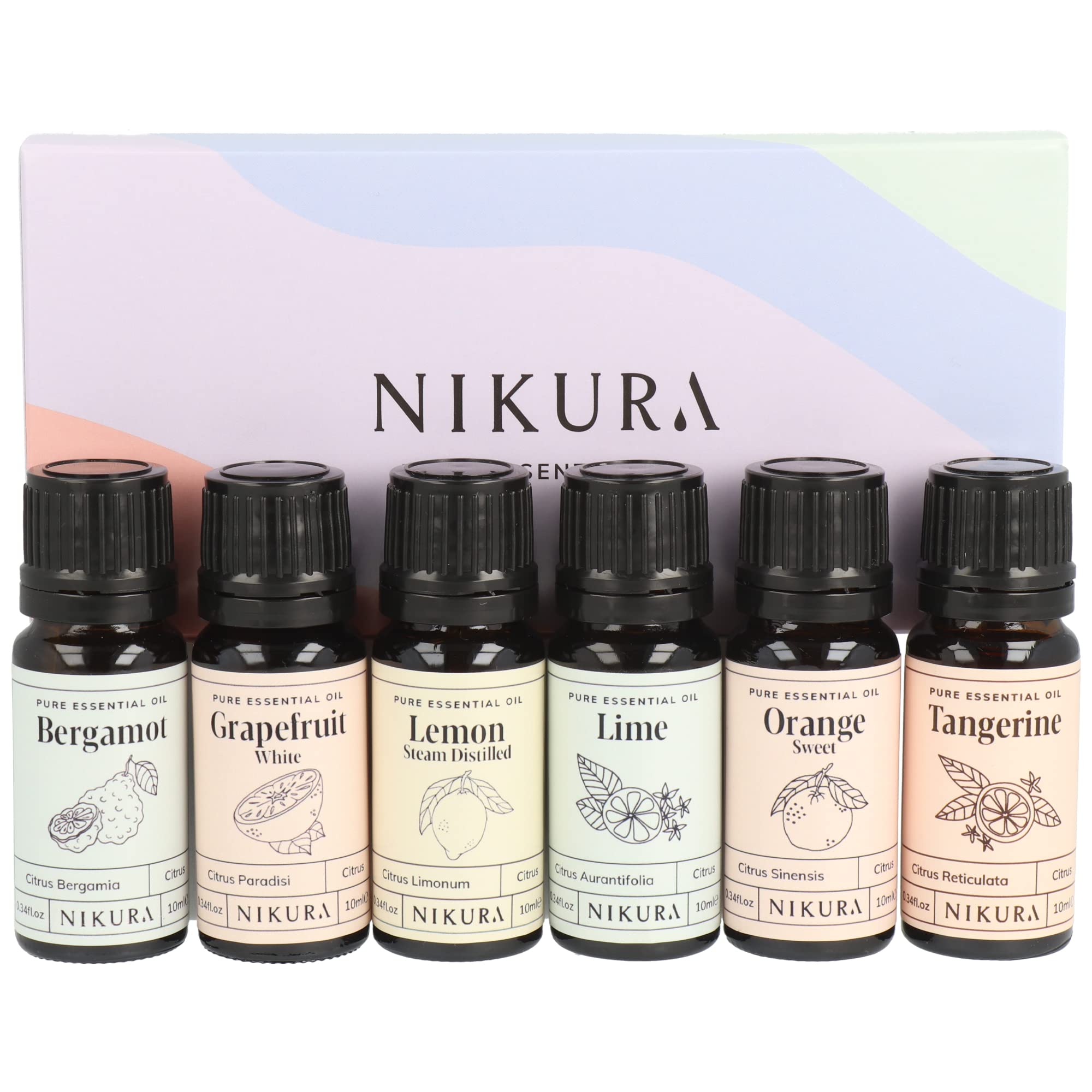 Nikura Starter Kit Essential Oil Gift Set - 6 x 10ml | Essential Oil for Diffuser for Home, Aromatherapy, Strong Fragrance, Sleep | Eucalyptus, Lavender, Lemongrass, Sweet Orange, Peppermint, Tea Tree