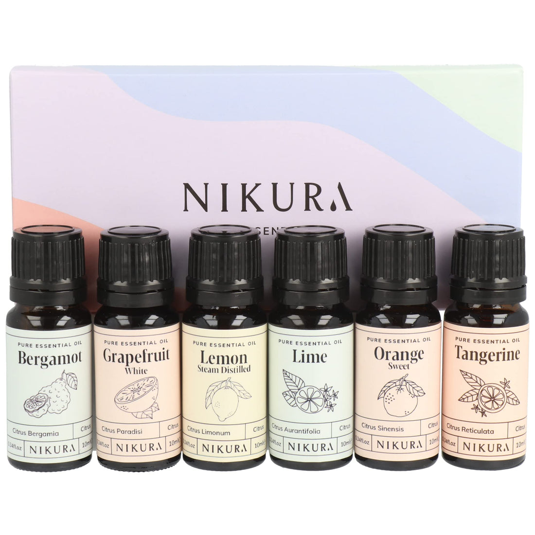 Nikura Starter Kit Essential Oil Gift Set - 6 x 10ml | Essential Oil for Diffuser for Home, Aromatherapy, Strong Fragrance, Sleep | Eucalyptus, Lavender, Lemongrass, Sweet Orange, Peppermint, Tea Tree