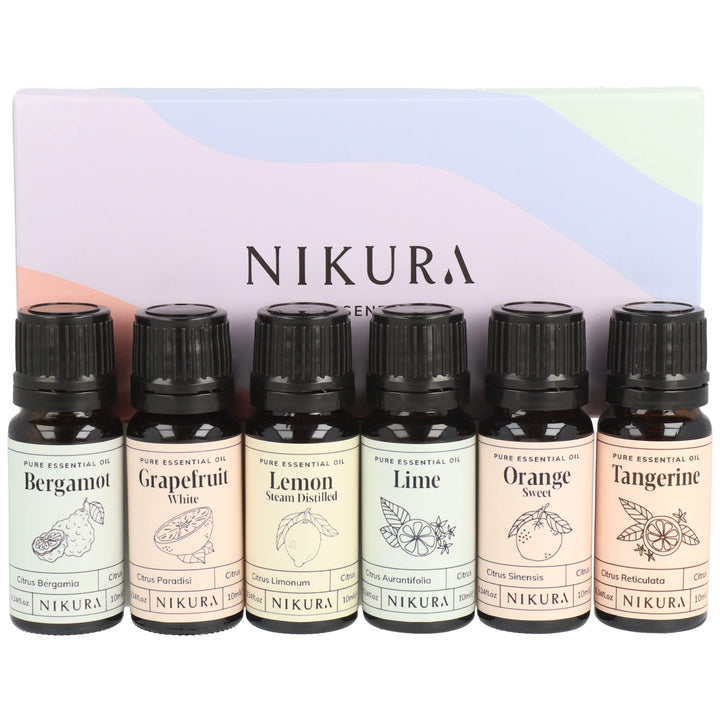 Nikura Starter Kit Essential Oil Gift Set - 6 x 10ml | Essential Oil for Diffuser for Home, Aromatherapy, Strong Fragrance, Sleep | Eucalyptus, Lavender, Lemongrass, Sweet Orange, Peppermint, Tea Tree