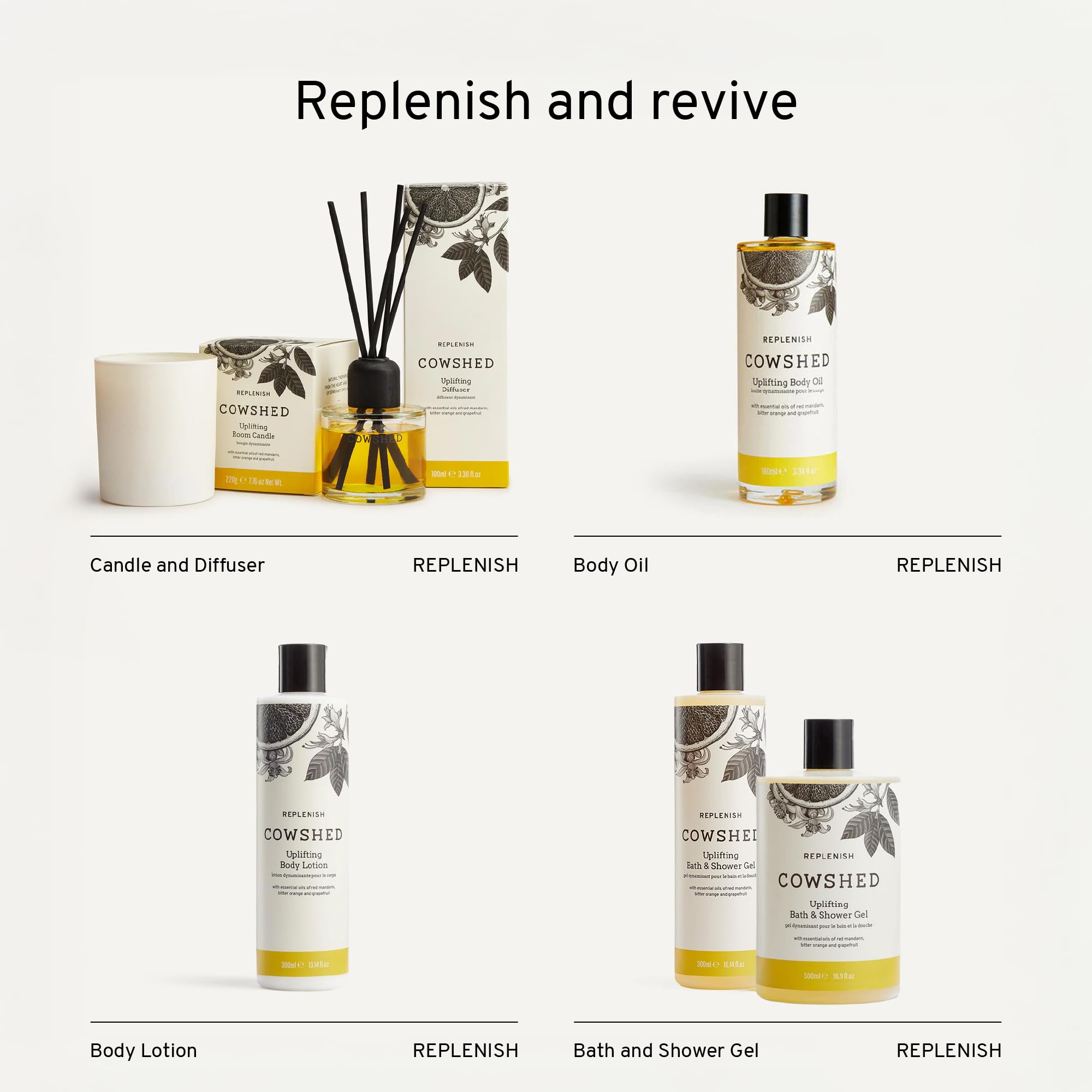 Cowshed Bath & Shower Gel 300ml | Replenish Uplifting Body Wash for Women & Men | Natural Body Wash, No Parabens | Hydrating Vegan Shower Gel with Red Mandarin, Bitter Orange and Grapefruit