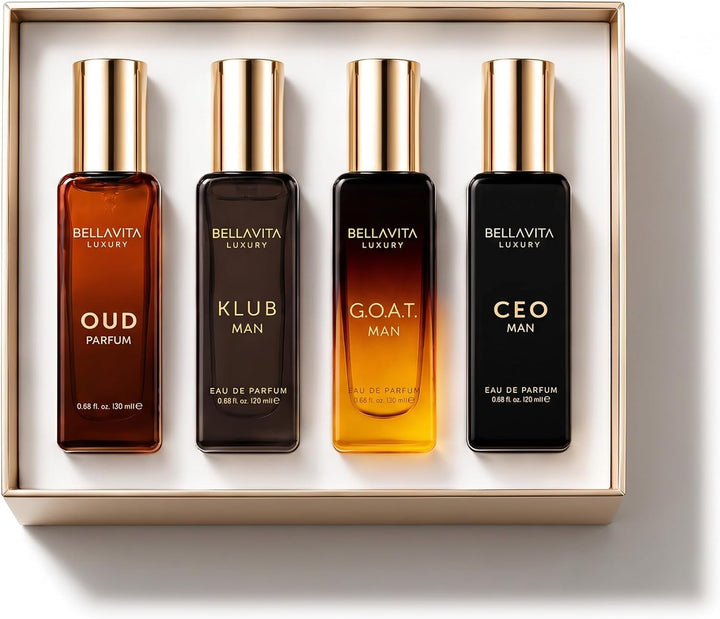 Bellavita Luxury Men's Perfume Gift Set with CEO Man, G.O.A.T., Klub, and Oud | 80ml | Perfume for Men | Lavender, Patchouli, Lemon, and Caramel Notes | Long Lasting Men's Fragrance Halalzen