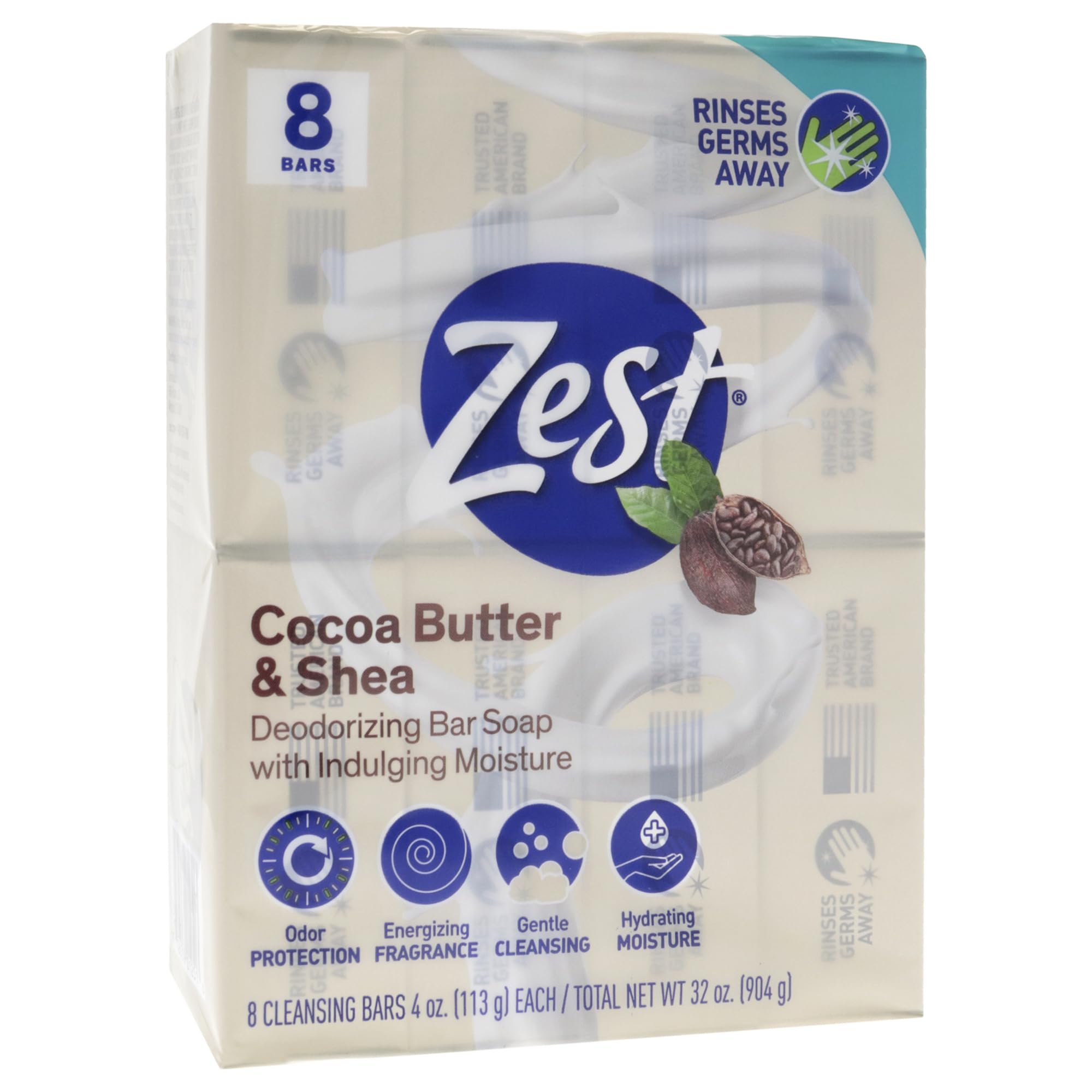 Zest Bar Soap - 8 Bars - Enriched With Cocoa Butter And Shea for Ultra Moisturizing Cleansing - Leaves Your Body Feeling Silky Smooth And Deeply Moisturized