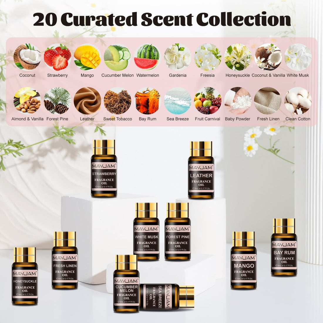 MAYJAM Fragrance Oil Gift Set, Top 20 Essential Oils Set for Diffusers for Home, Long Lasting Scented Oil Kit for Aromatherapy, Bath Bombs Soap Candle Making - 20Pcs x 5ml
