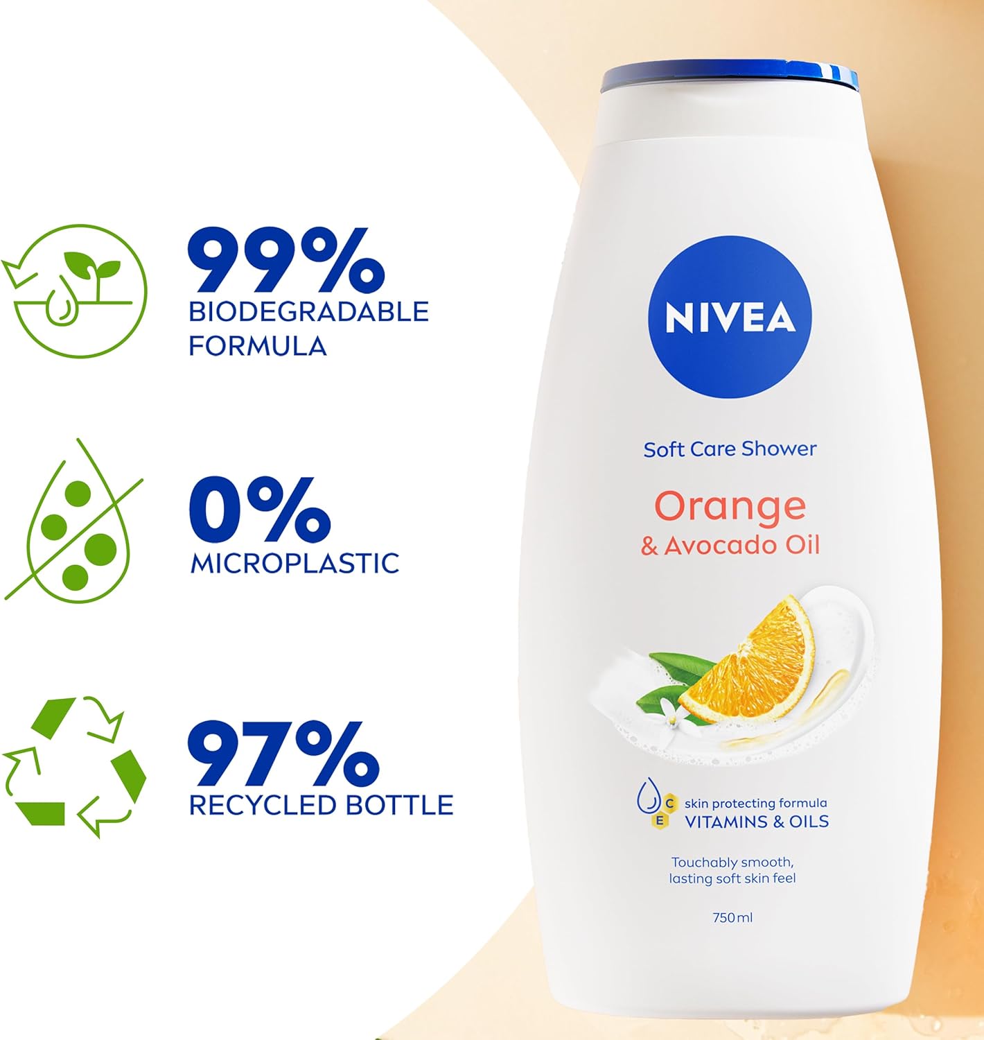 NIVEA Orange & Avocado Shower Cream (750ml), Moisturising Shower Gel with Avocado Oil, Luxurious Body Wash for Women with Vitamin C, E
