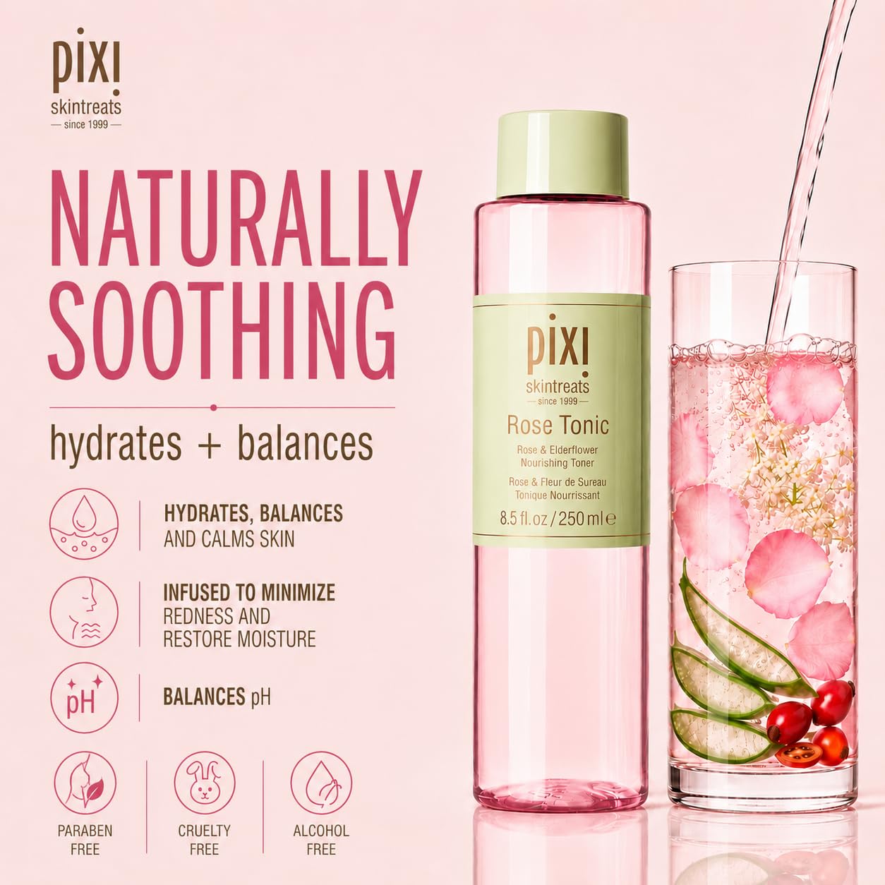 Pixi Rose Tonic Rose Hydrosol Toner, Hydrates Skin, Minimize Redness, Rehydrates and Replenishes, 250 Ml 8.5Fl Oz