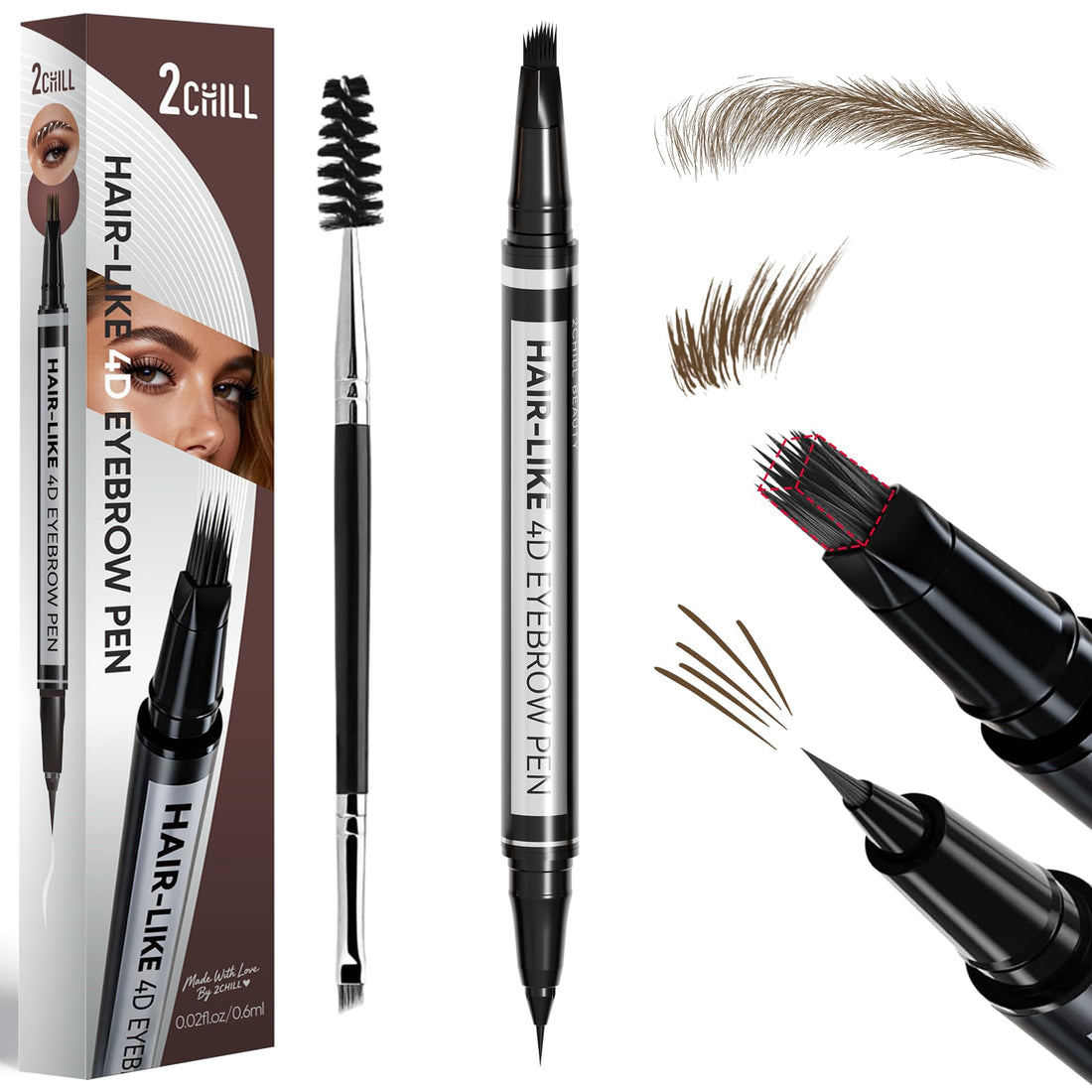 2CHILL 2-in-1 Eyebrow Pen for Women, Microblading 4D Eyebrow Pencil with Hair-Like Brush Tip, Waterproof Long Lasting Natural Brow Makeup, Dual-Ended Eyebrow Brush & Eyeliner Function (Dark Brown)