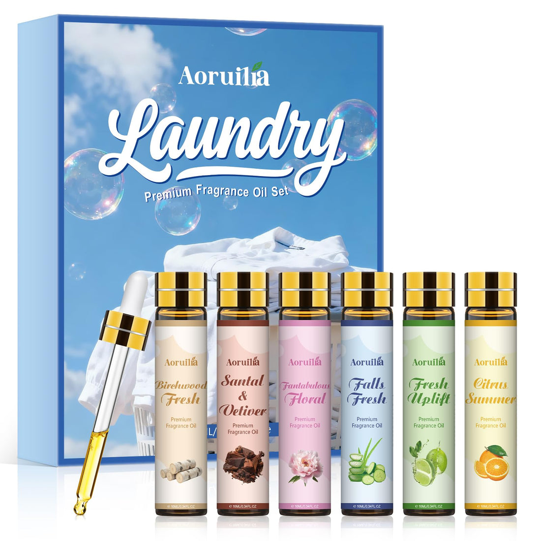 Clean Essential Oils Set 6 x 10ml, Laundry Fragrance Oils for Diffusers, Soap Making - Eucalyptus & Cotton, Bergamot Black Tea, Cardamom & Cedar, Baby Powder, Clean Breeze, Fresh Linen