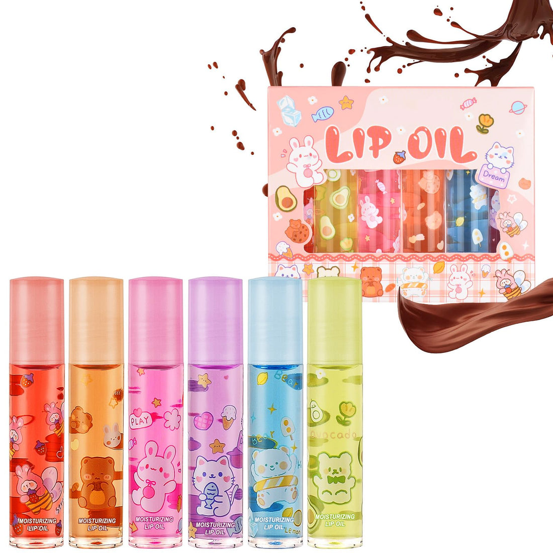 AOOWU 6 Pcs Hydrating Lip Oil Set, Fruit-Flavored Plumping Lip Oil, Long Lasting Lip Glow Balm Lip Care, Transparent Moisturizing No-Sticky Lip Gloss(Peaches,Orange,Avocado,Strawberry,Grape,Cherry)8ML