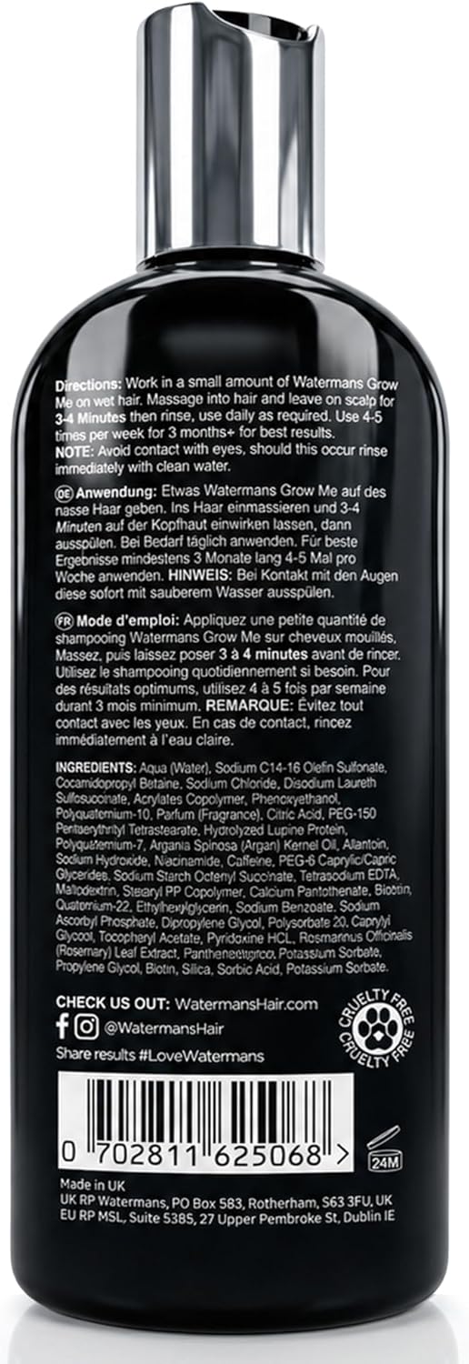 Watermans Grow Me® Hair Growth Shampoo - Not just a Caffeine Shampoo we include Biotin, Argan Oil, Rosemary, Niacinamide. Hair Thickening Treatment for Women & Men with progressed thinning.